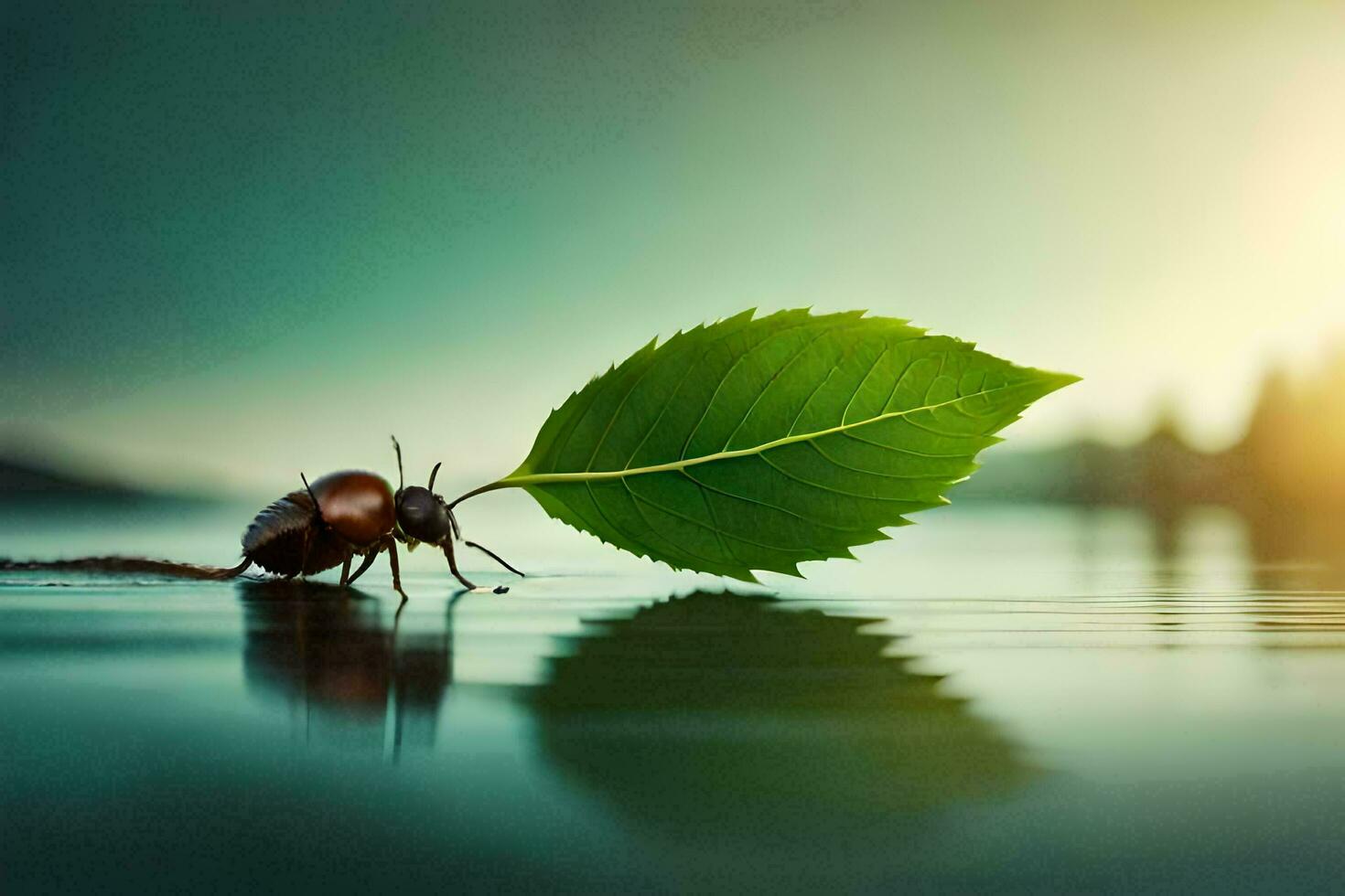 un escarabajo con un hoja en sus atrás. generado por ai foto