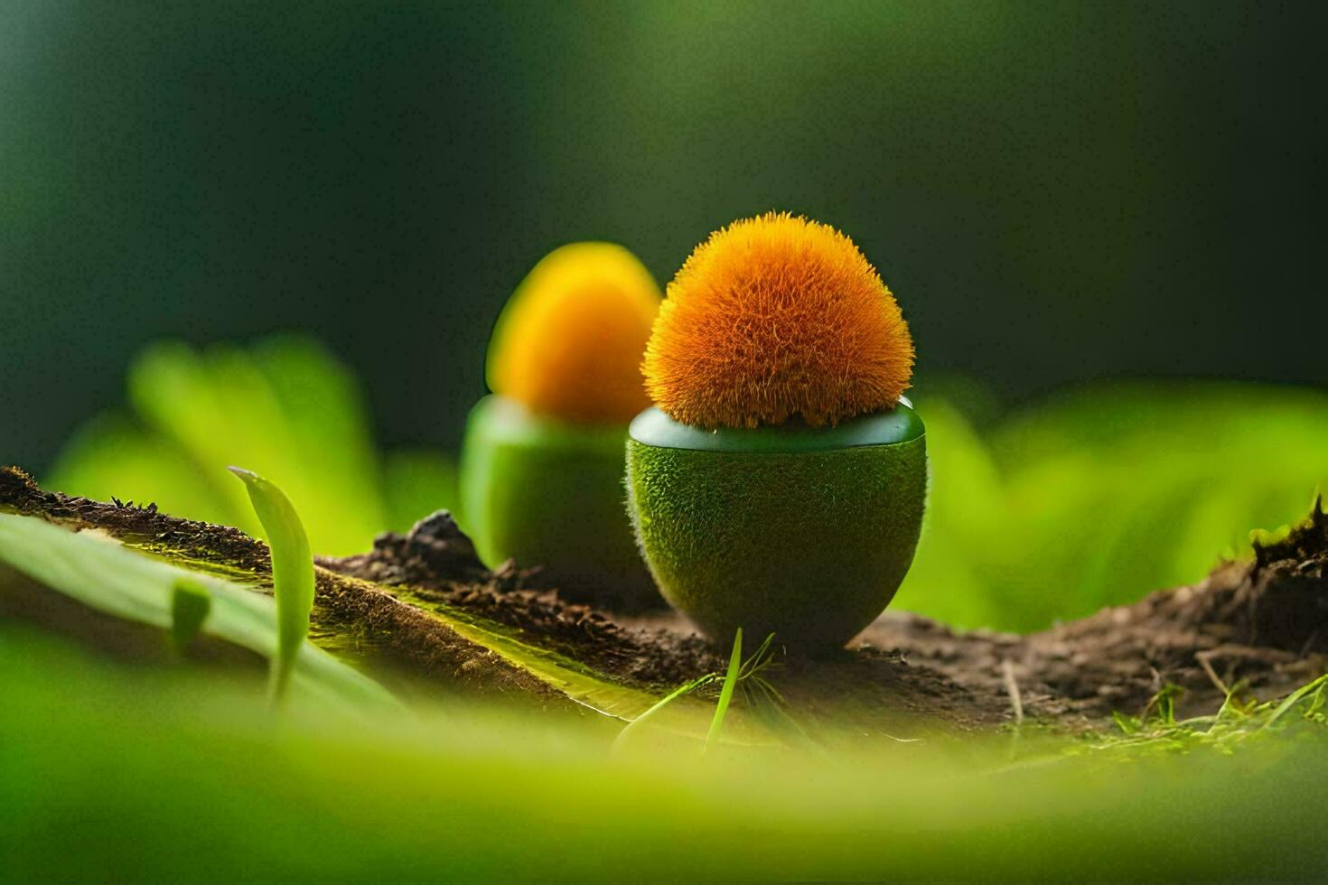 two small orange brushes sitting on top of a green plant. AI-Generated photo