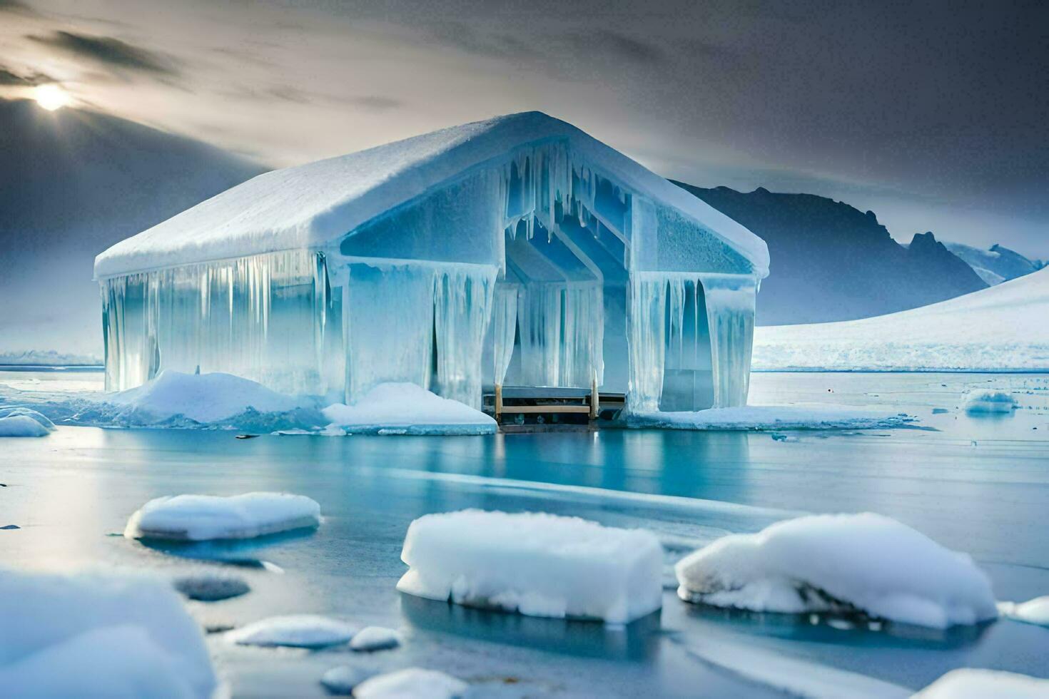 a hut made of ice floats on the water. AI-Generated photo