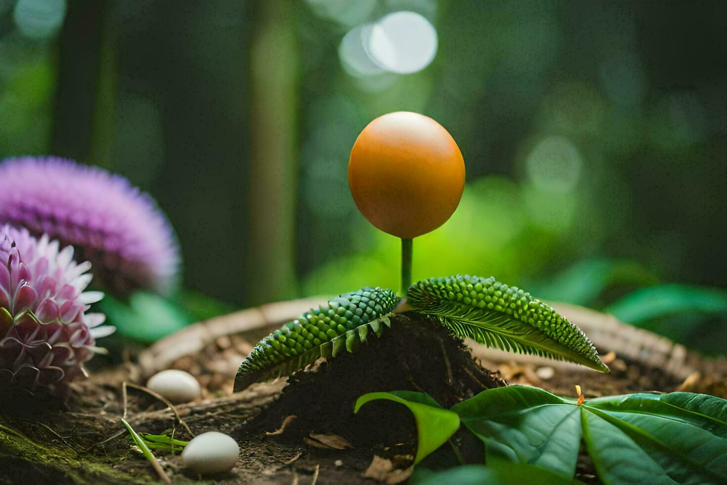 un huevo creciente desde un planta en el medio de un bosque. generado por ai foto