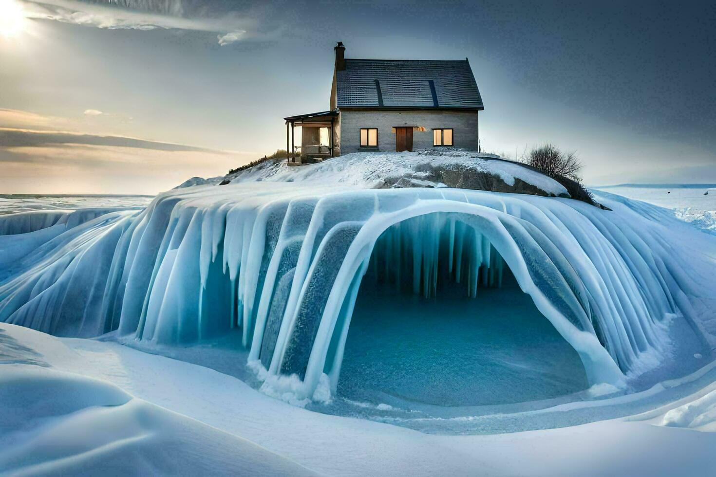 a house is surrounded by ice and snow. AI-Generated photo