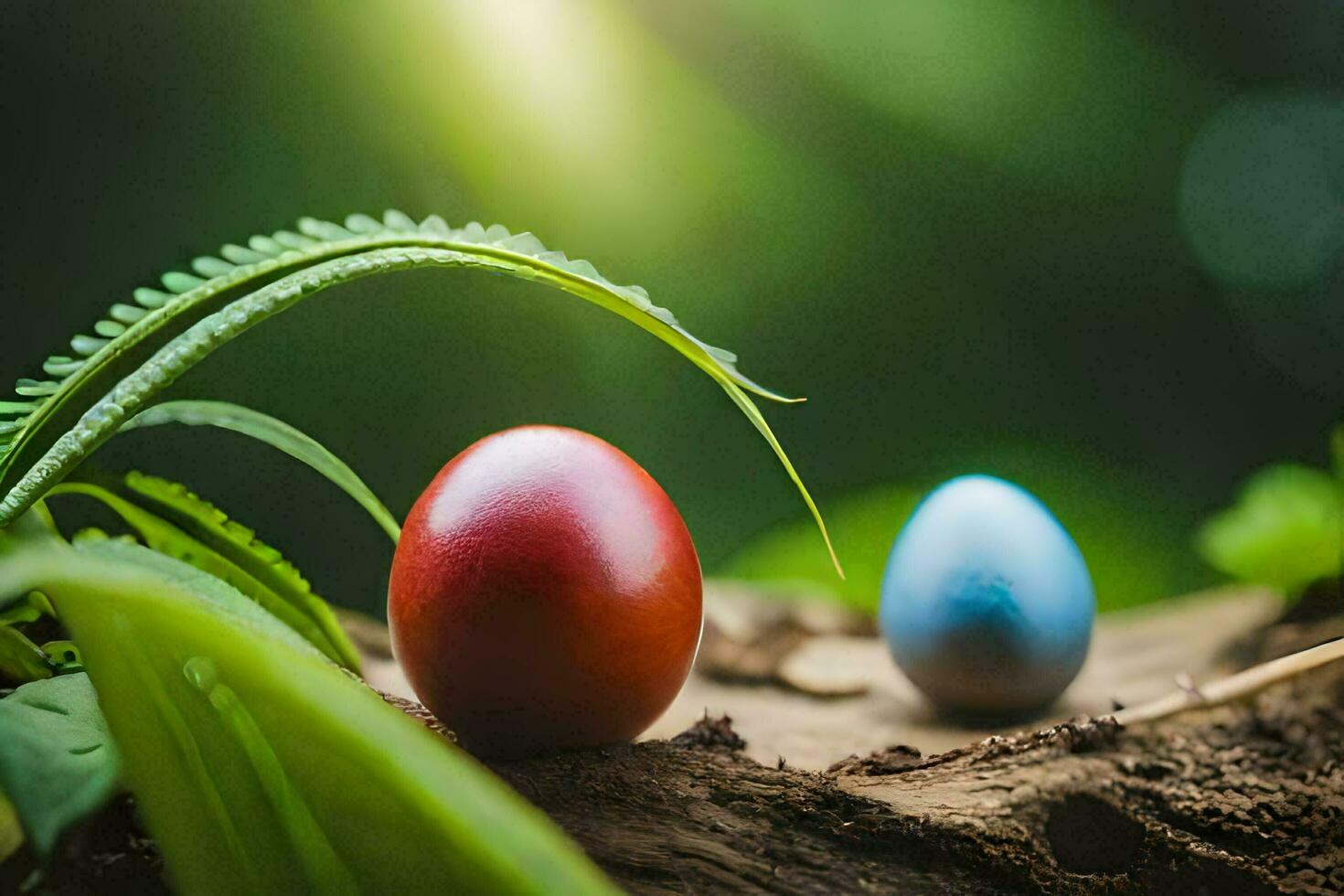 two colorful eggs are sitting on a log. AI-Generated photo