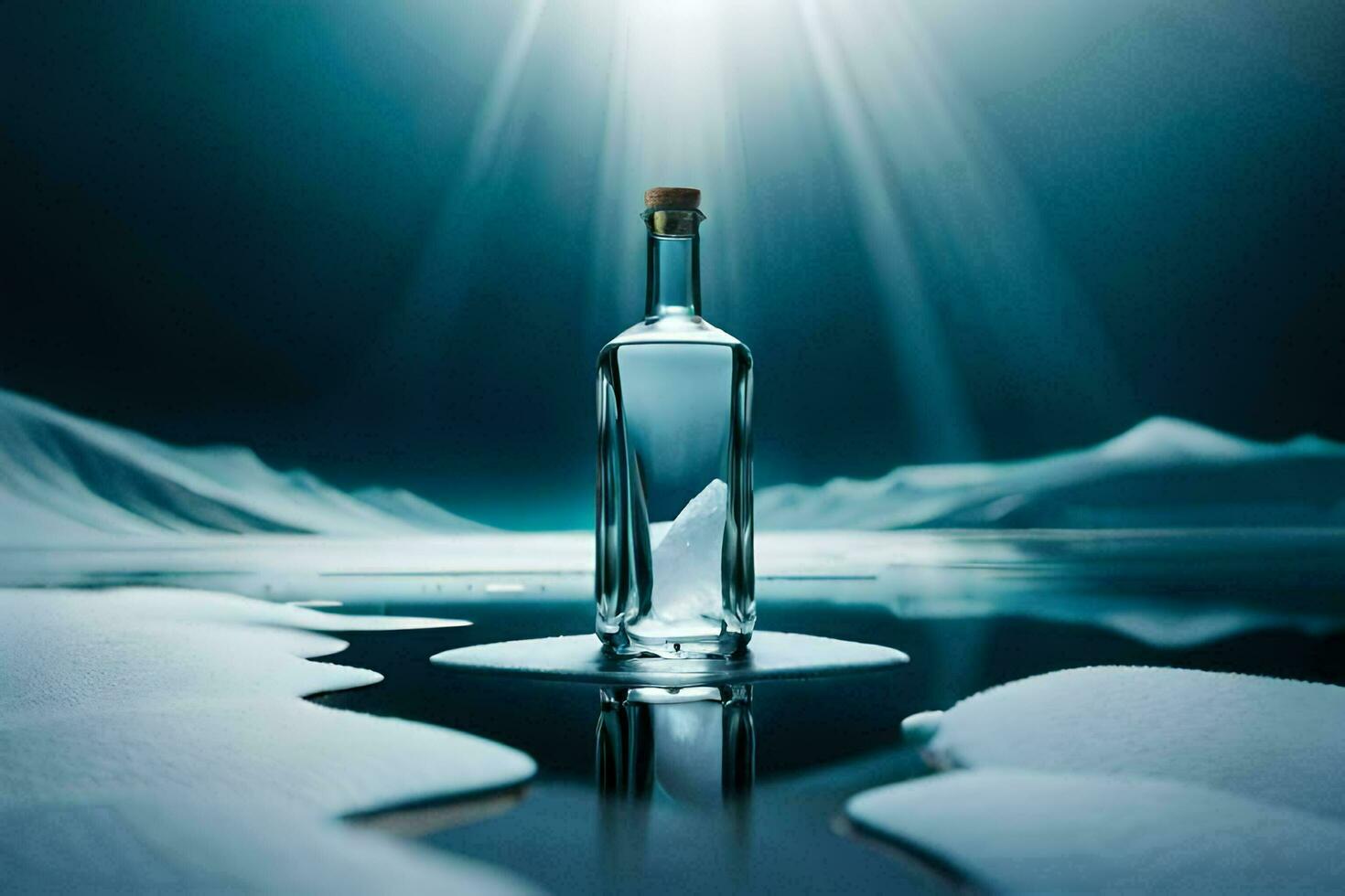 a bottle of vodka is sitting on the ice. AI-Generated photo