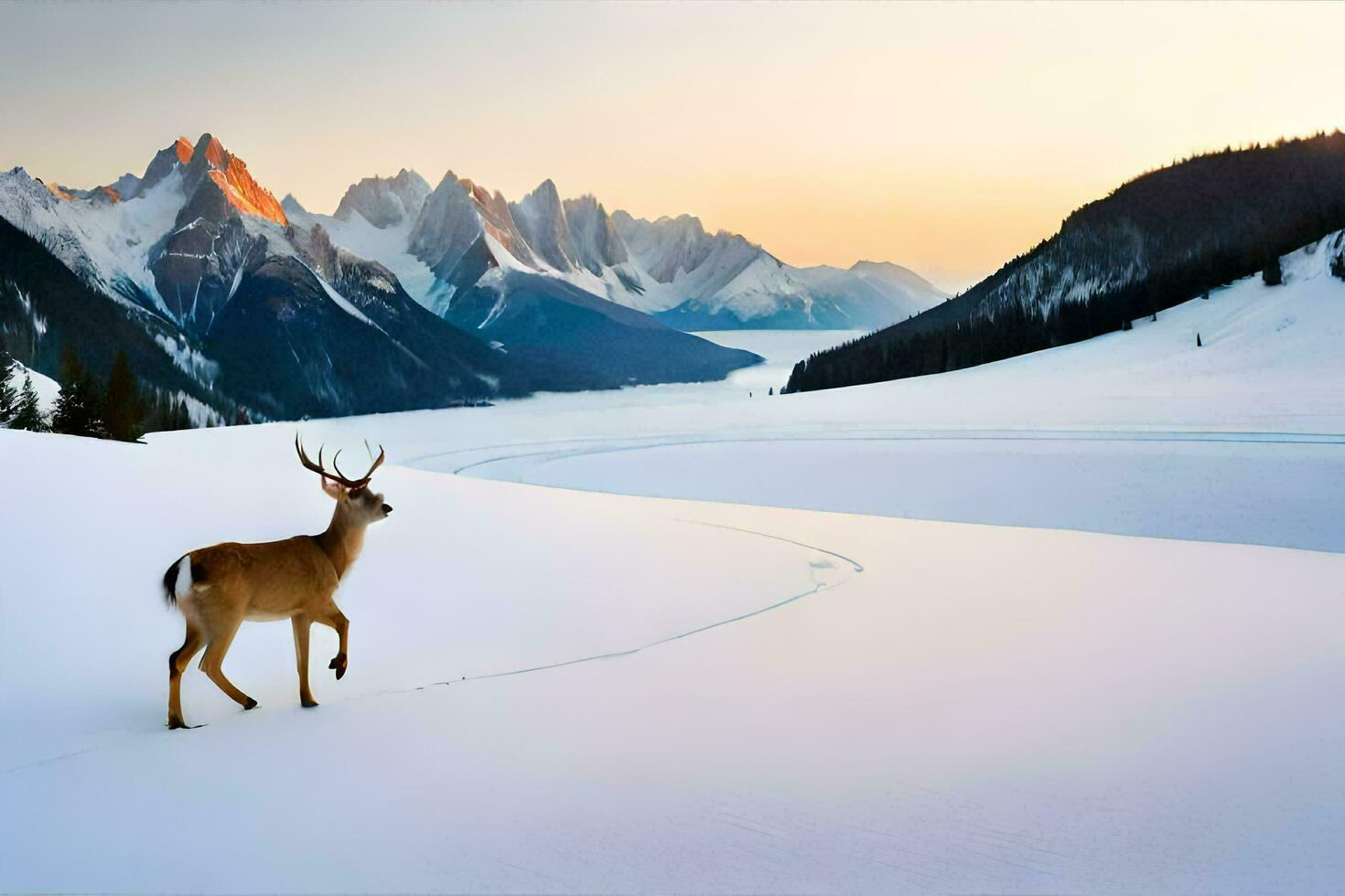 a deer stands in the snow in front of mountains. AI-Generated photo