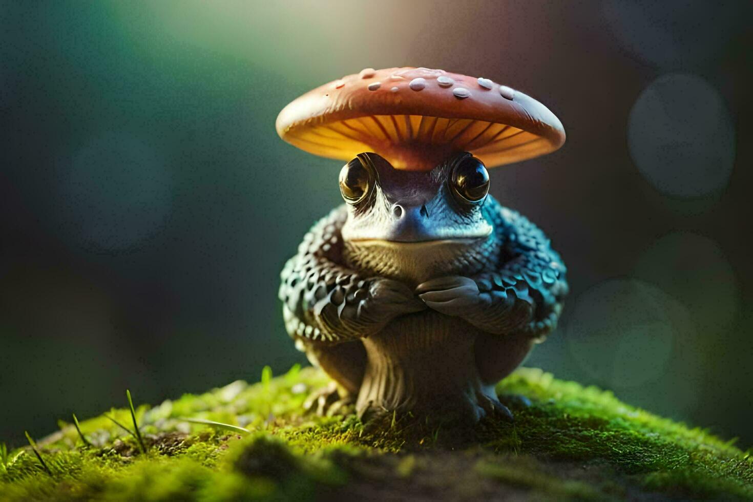 a small frog with a mushroom on its head. AI-Generated photo