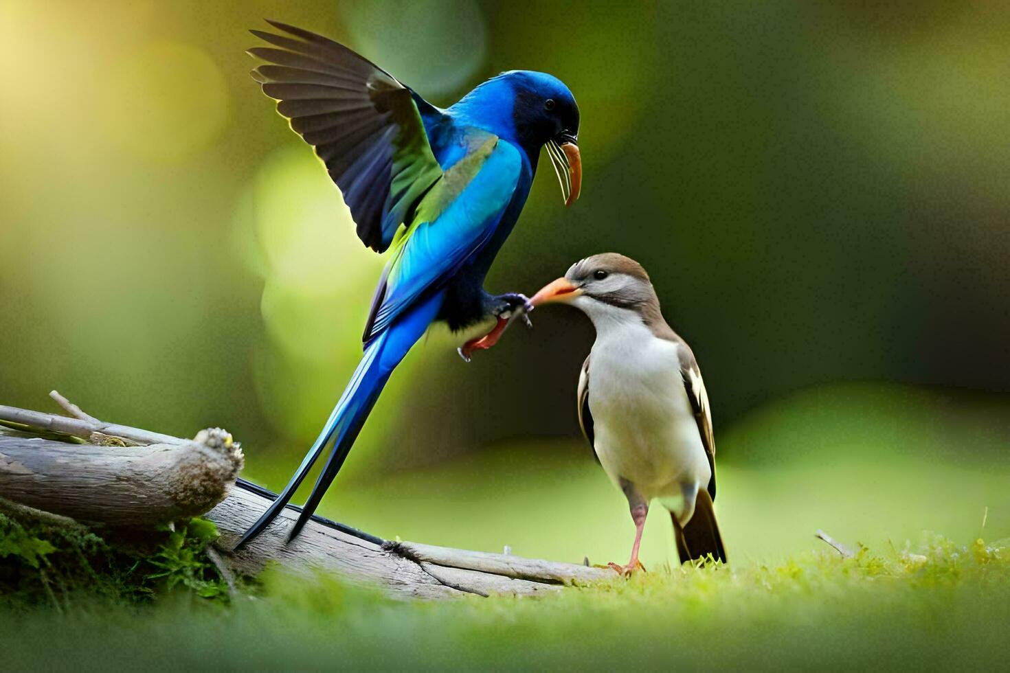 a blue bird and a white bird standing on a branch. AI-Generated photo