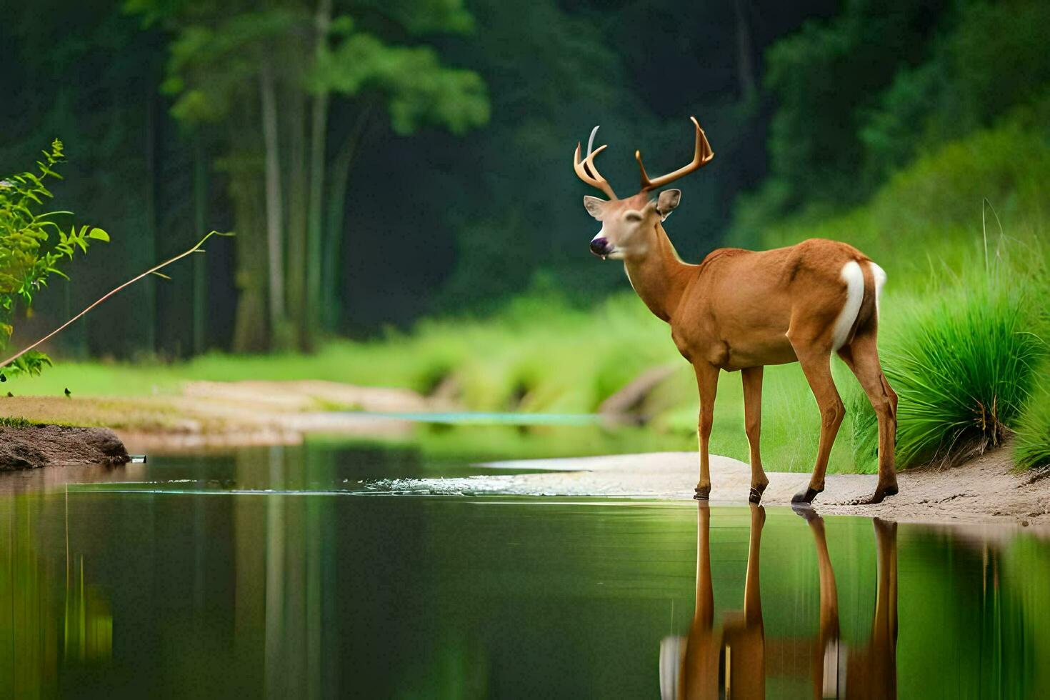 a deer standing in the water near a river. AI-Generated photo