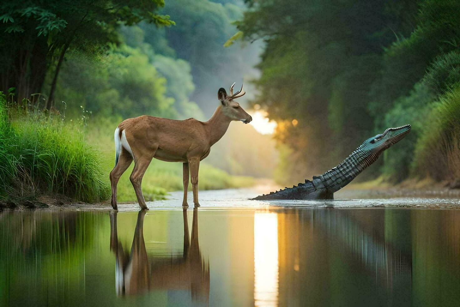 un ciervo y un caimán en un río. generado por ai foto