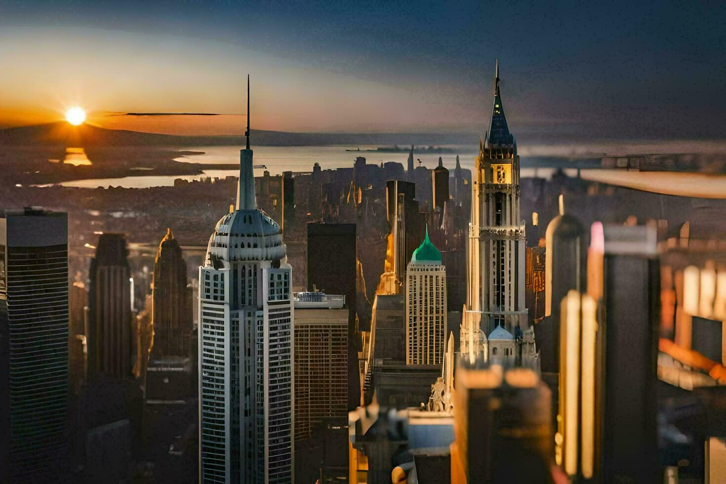 the sun rises over the city skyline in new york. AI-Generated photo