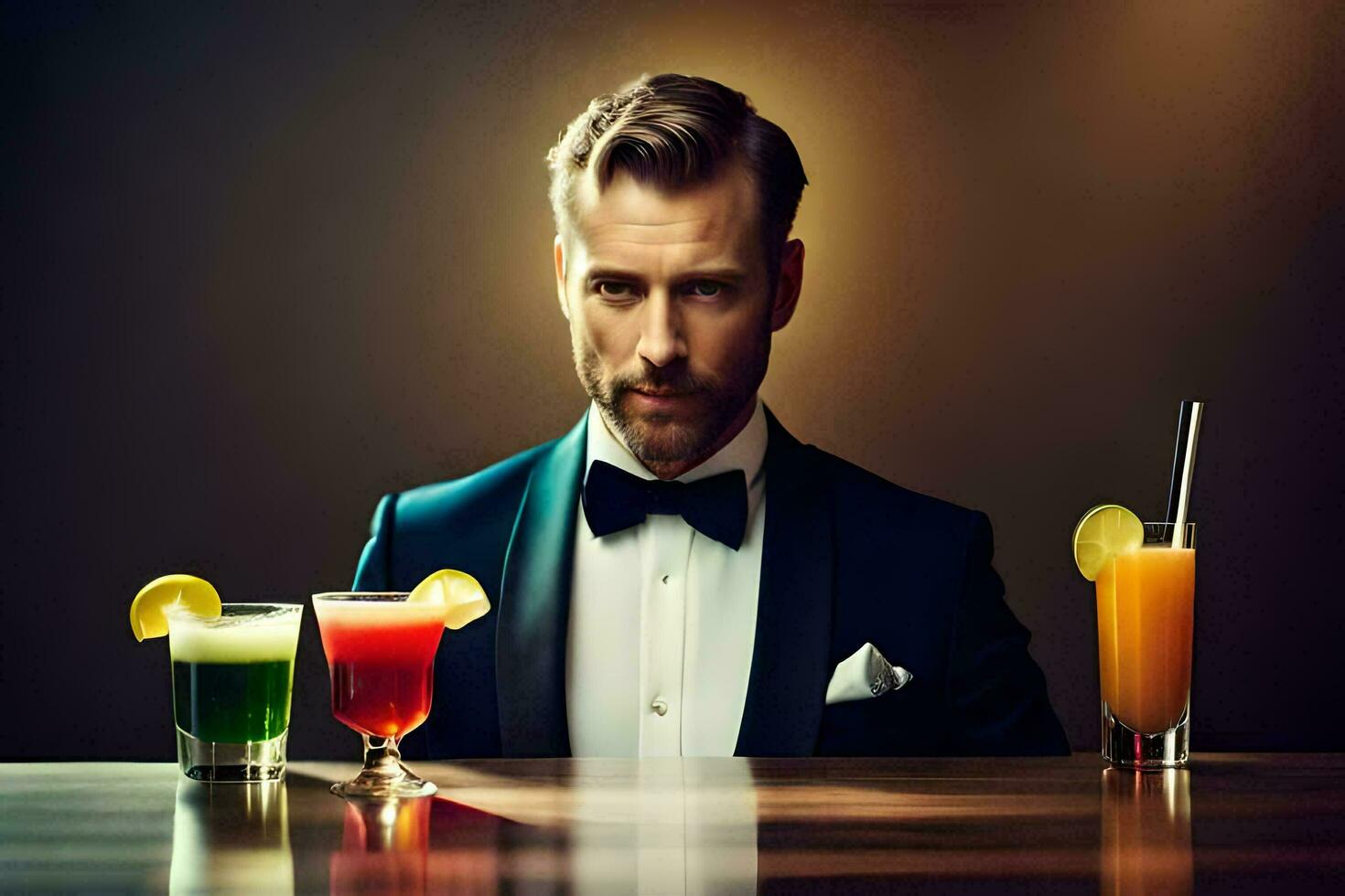 a man in a tuxedo is holding a cocktail. AI-Generated photo