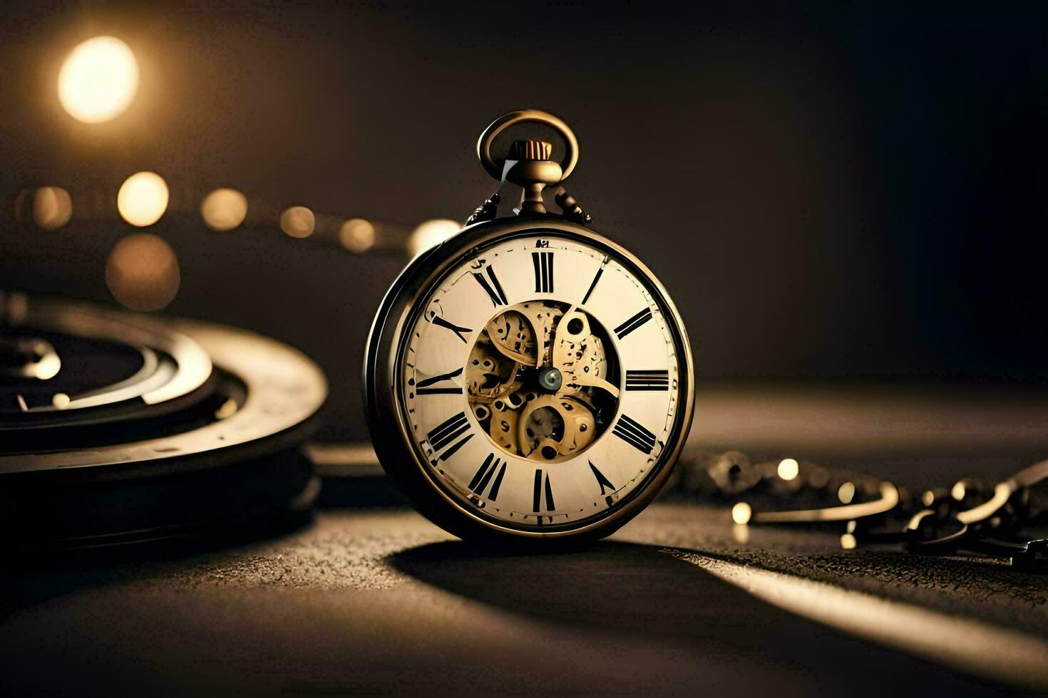 an old pocket watch with a chain and a chain. AI-Generated photo