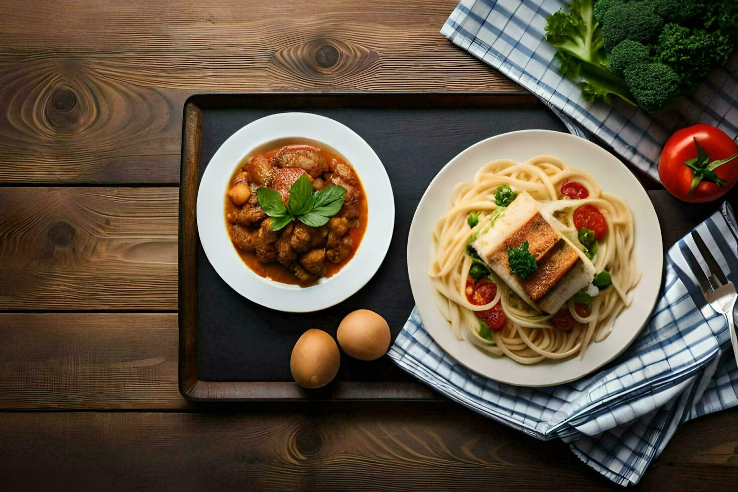 spaghetti and meatballs on a wooden table. AI-Generated photo