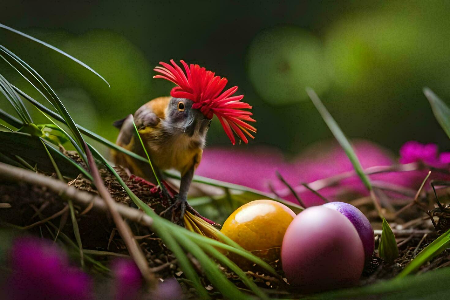 a bird with a flower on its head is sitting on a nest with eggs. AI-Generated photo