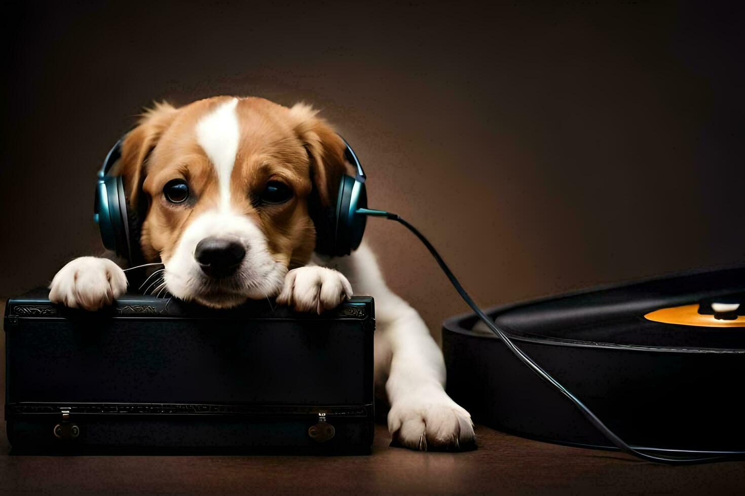 a puppy with headphones and a suitcase. AI-Generated photo