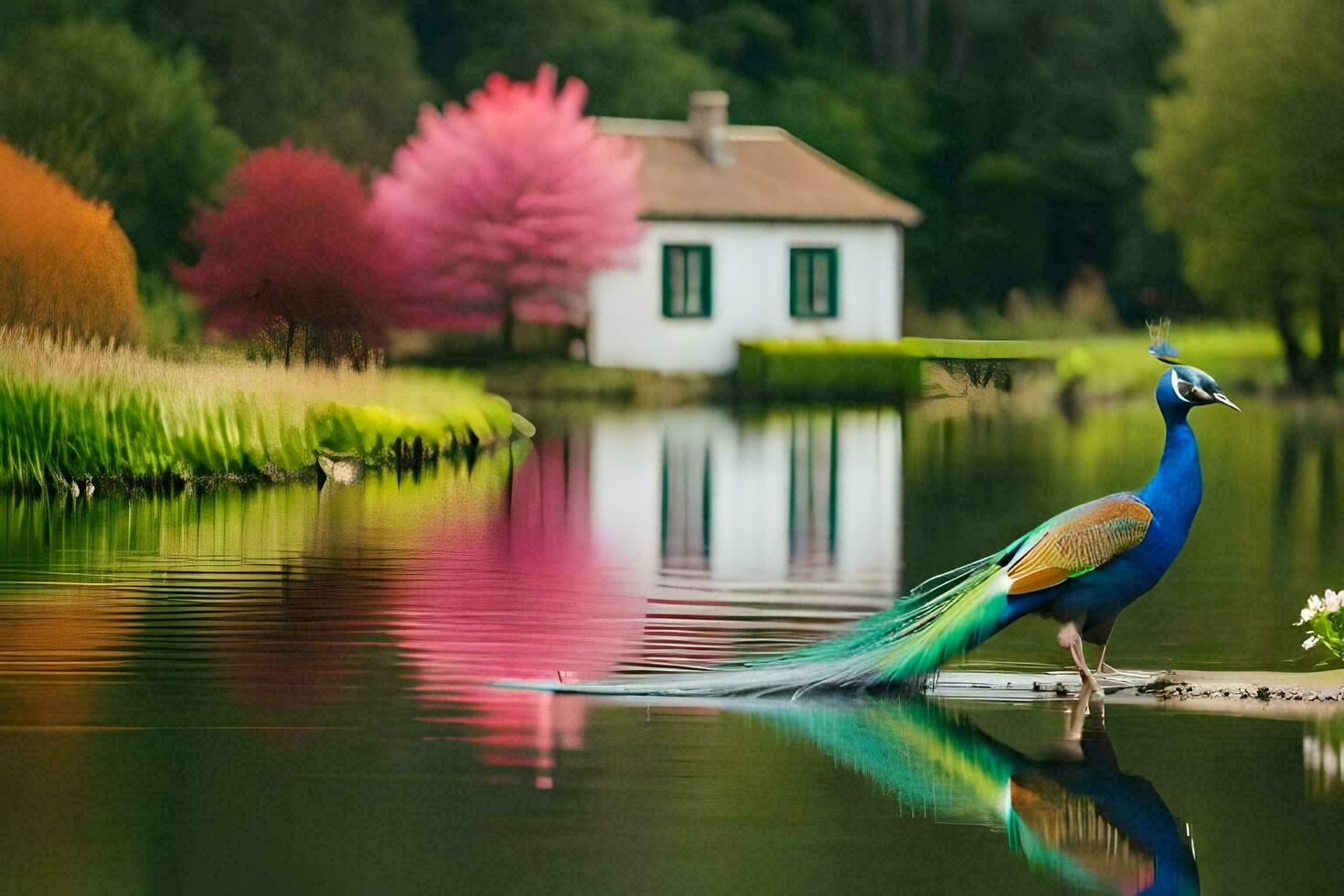 a peacock is standing on a dock in front of a house. AI-Generated photo