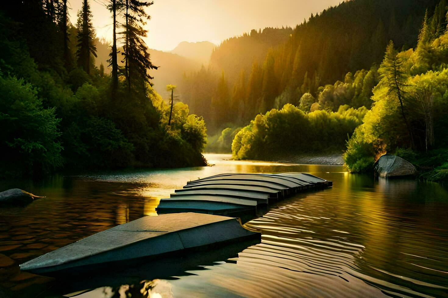 a wooden dock in the middle of a river. AI-Generated photo