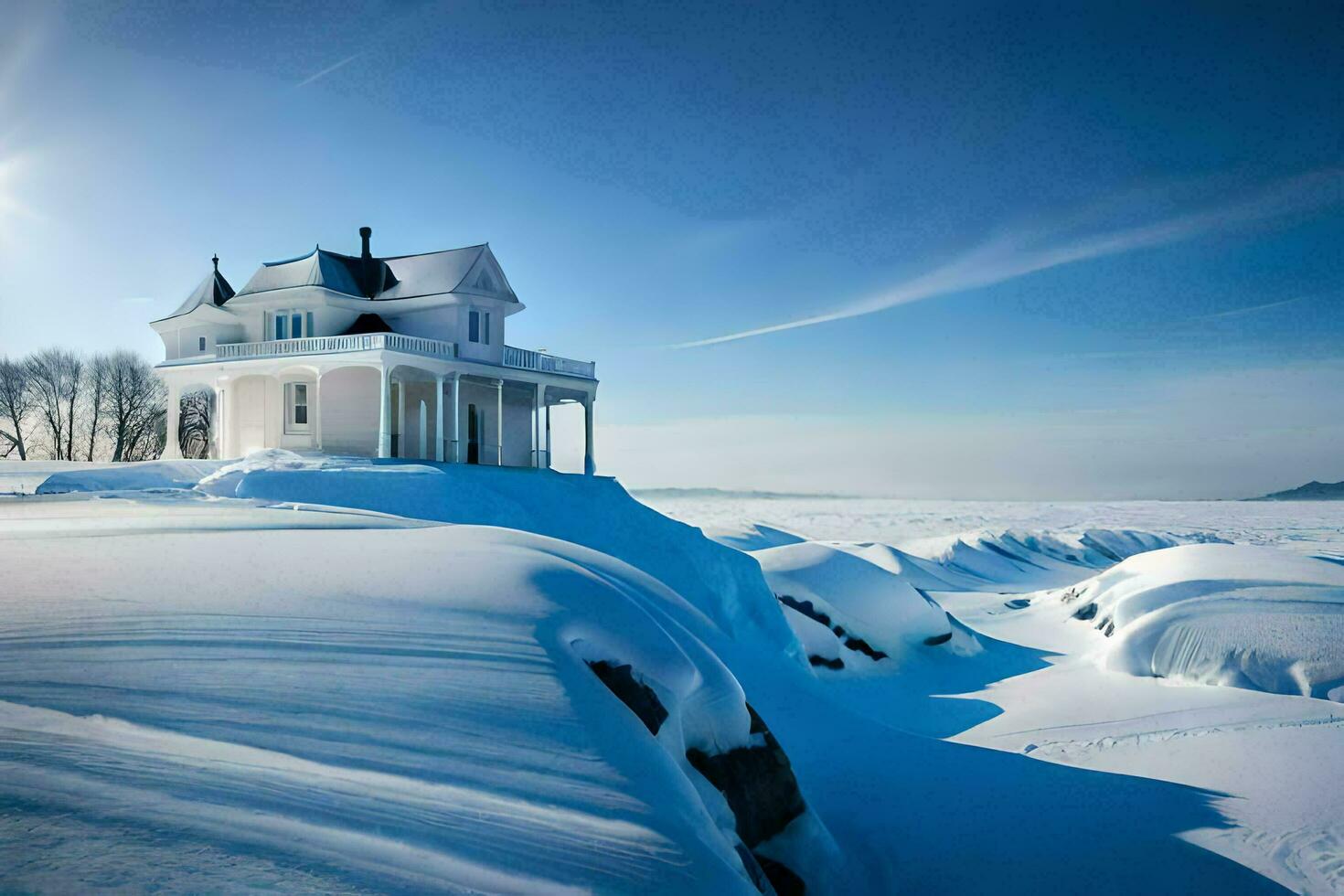 un blanco casa se sienta en parte superior de un Nevado colina. generado por ai foto