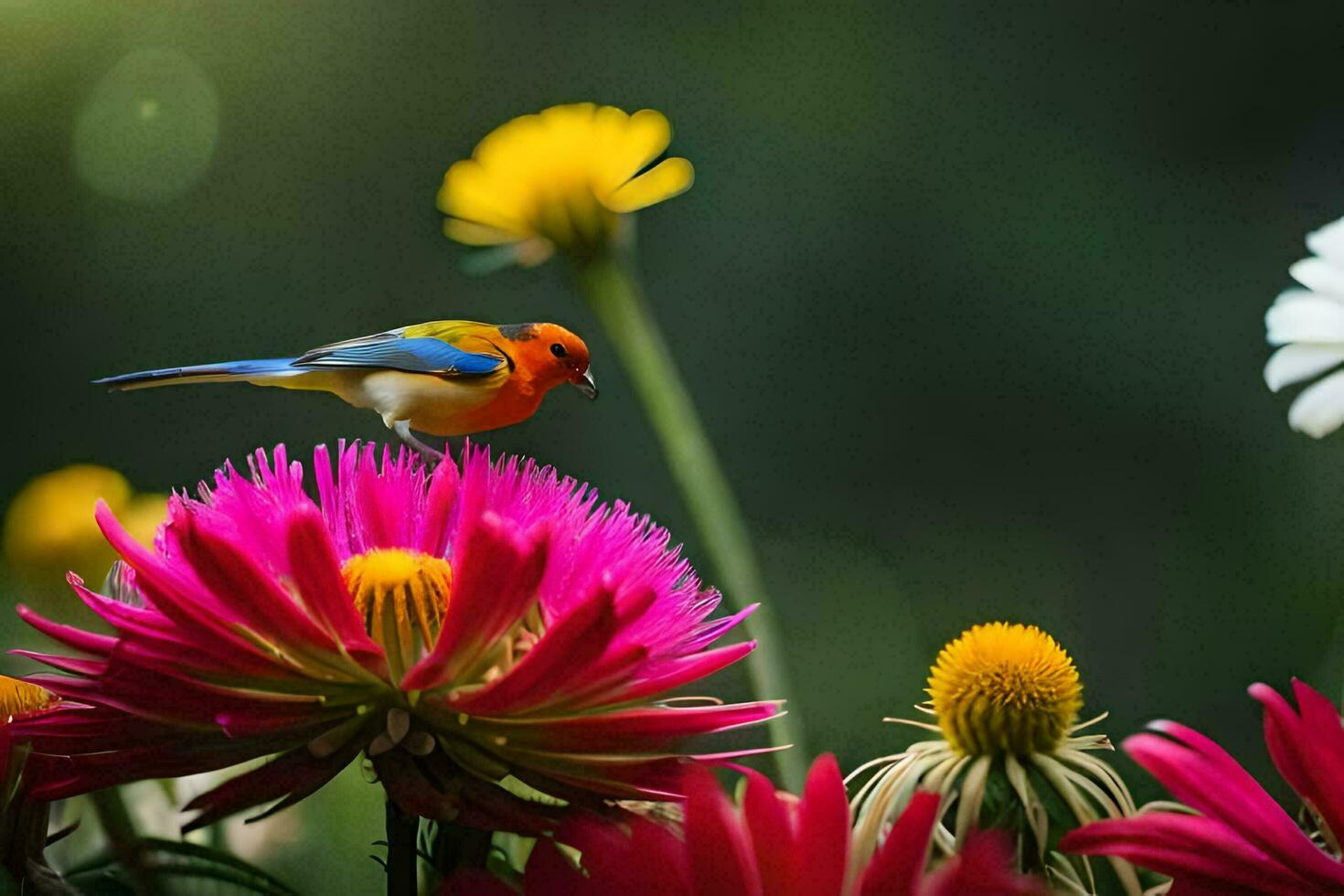 a colorful bird sits on top of a flower. AI-Generated photo