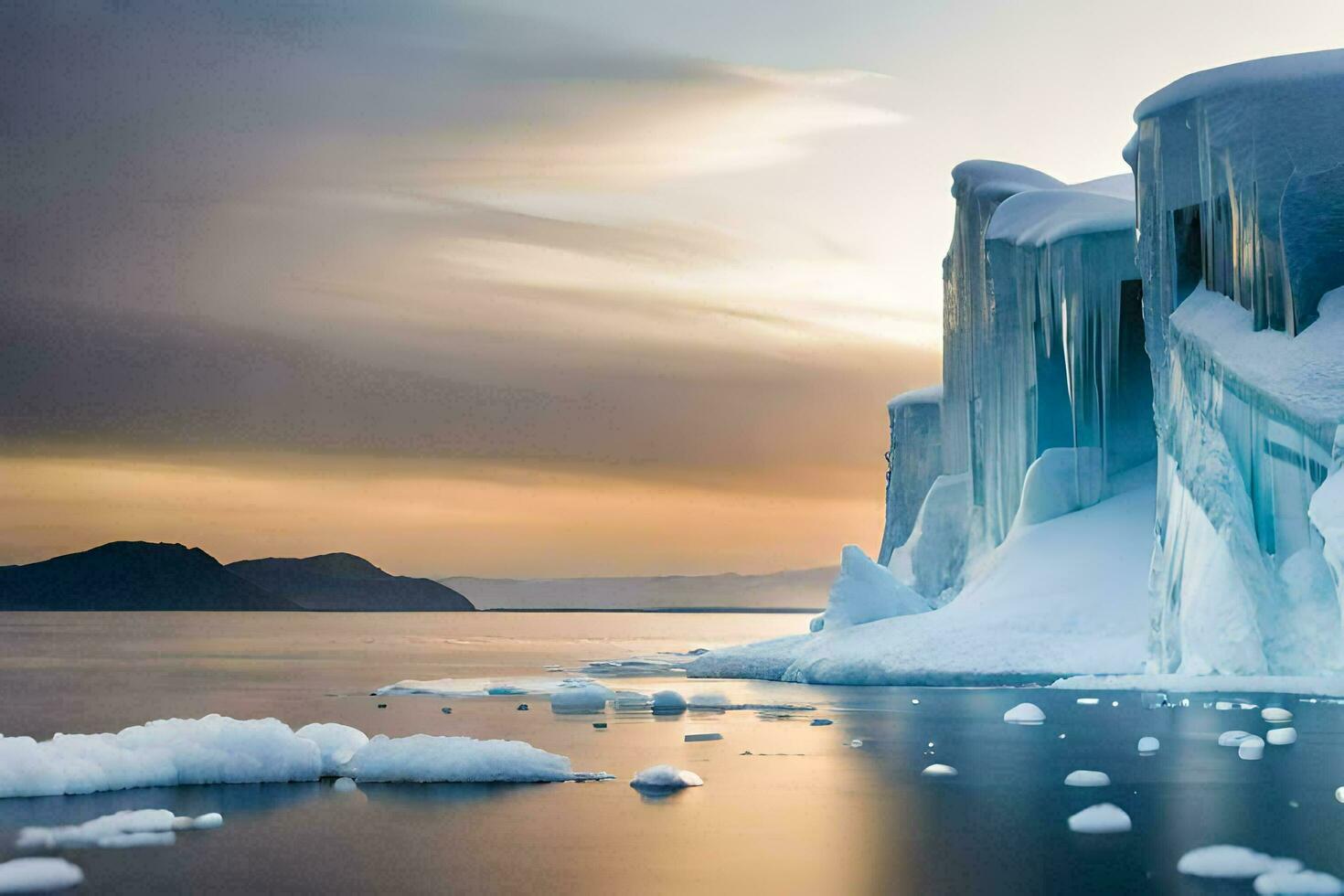 icebergs are seen in the water at sunset. AI-Generated photo