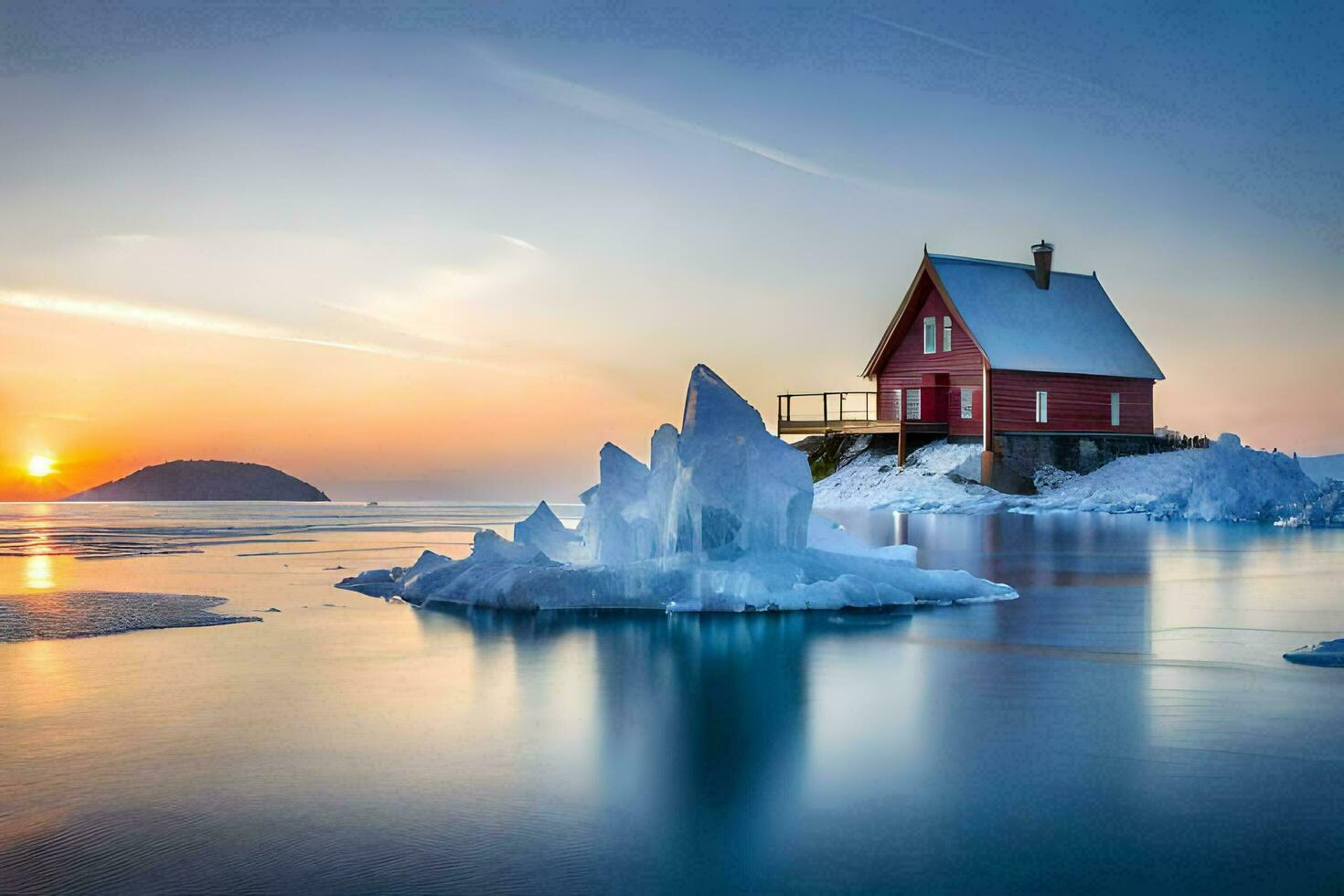 un rojo casa se sienta en parte superior de un iceberg en el medio de el océano. generado por ai foto