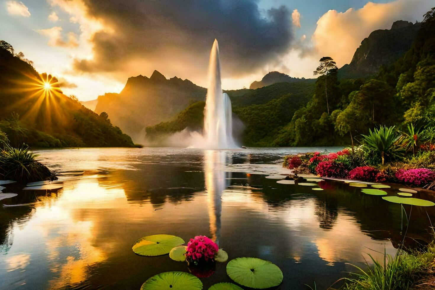 a beautiful sunset over a lake with water lillies. AI-Generated photo