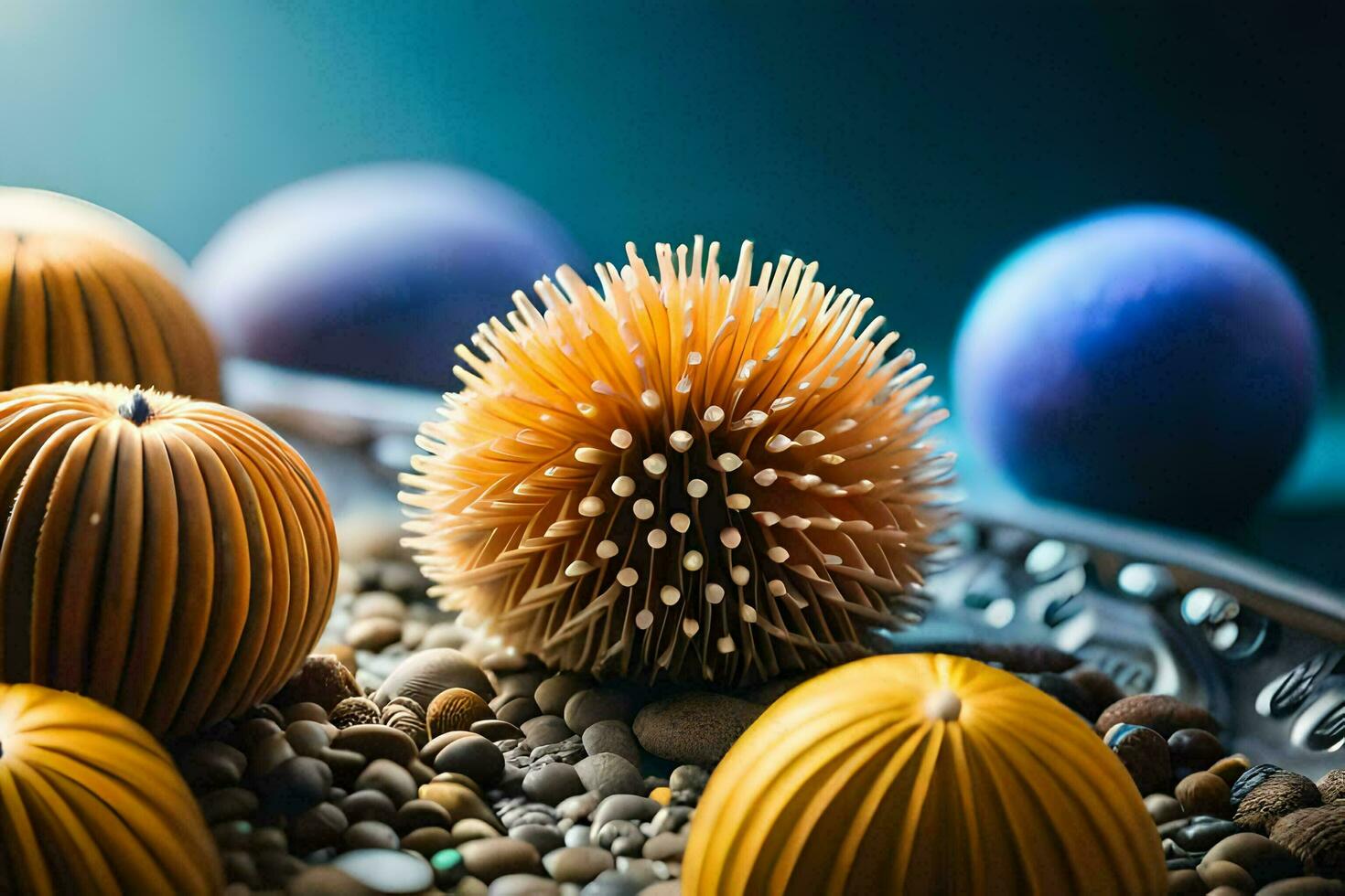 a bowl of colorful balls and spiky spiky balls. AI-Generated photo