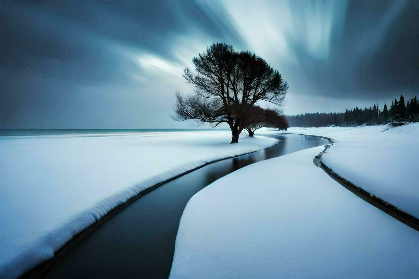 a tree is standing in the snow next to a river. AI-Generated photo