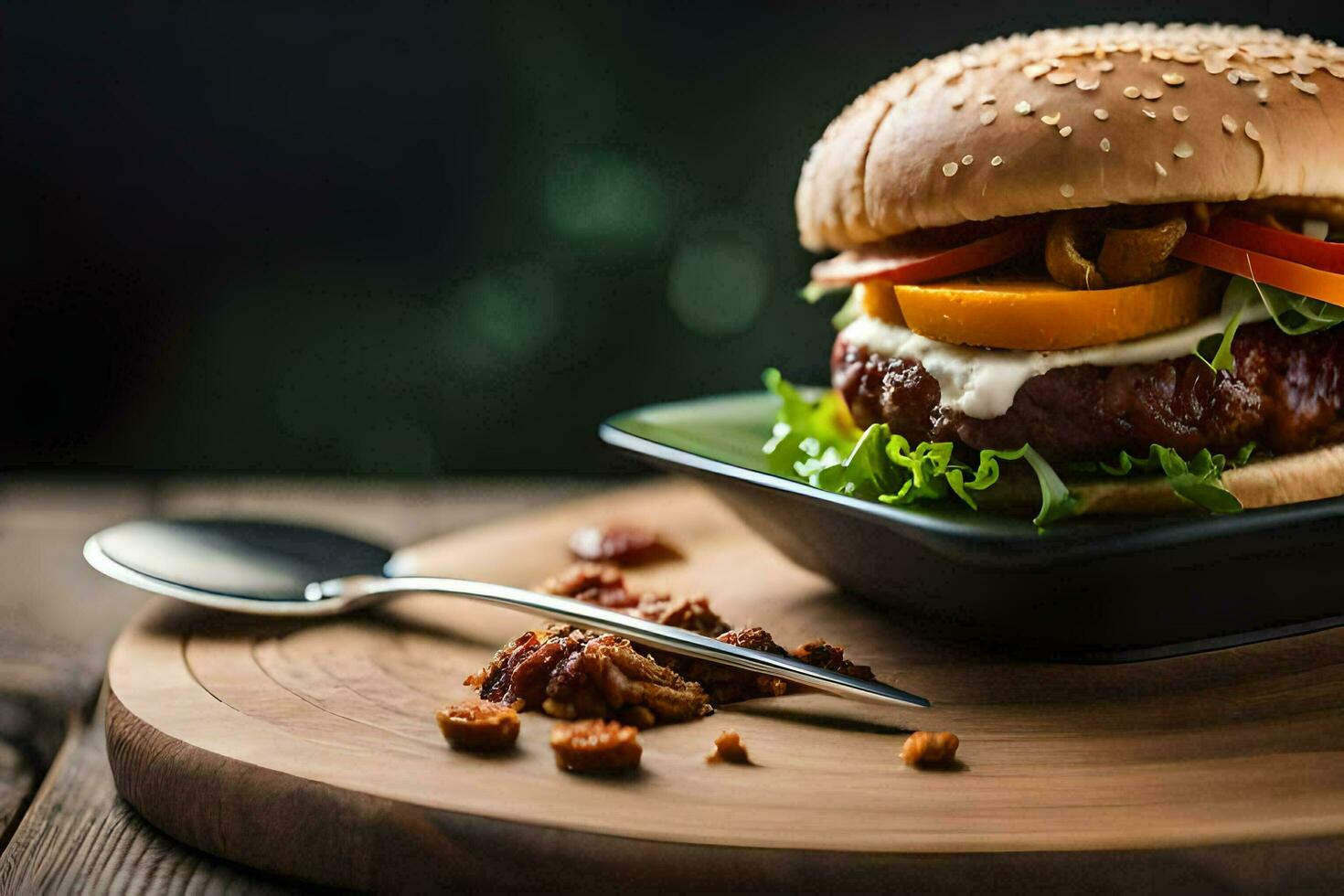 a hamburger with vegetables and cheese on a plate. AI-Generated photo