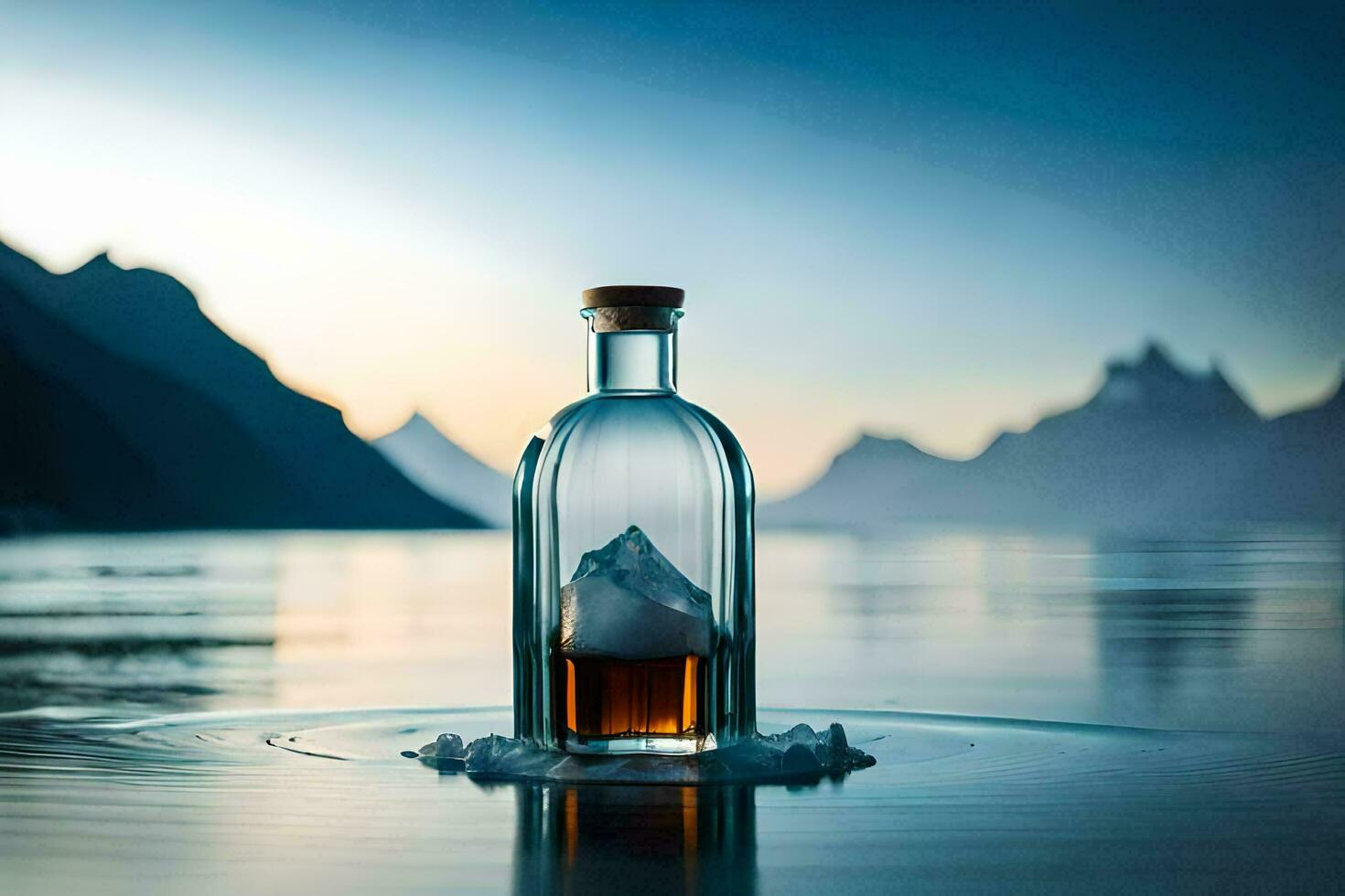 a bottle of whisky in the middle of a lake. AI-Generated photo