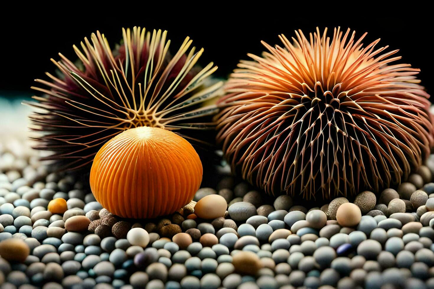 a close up of two spiky balls and an orange. AI-Generated photo