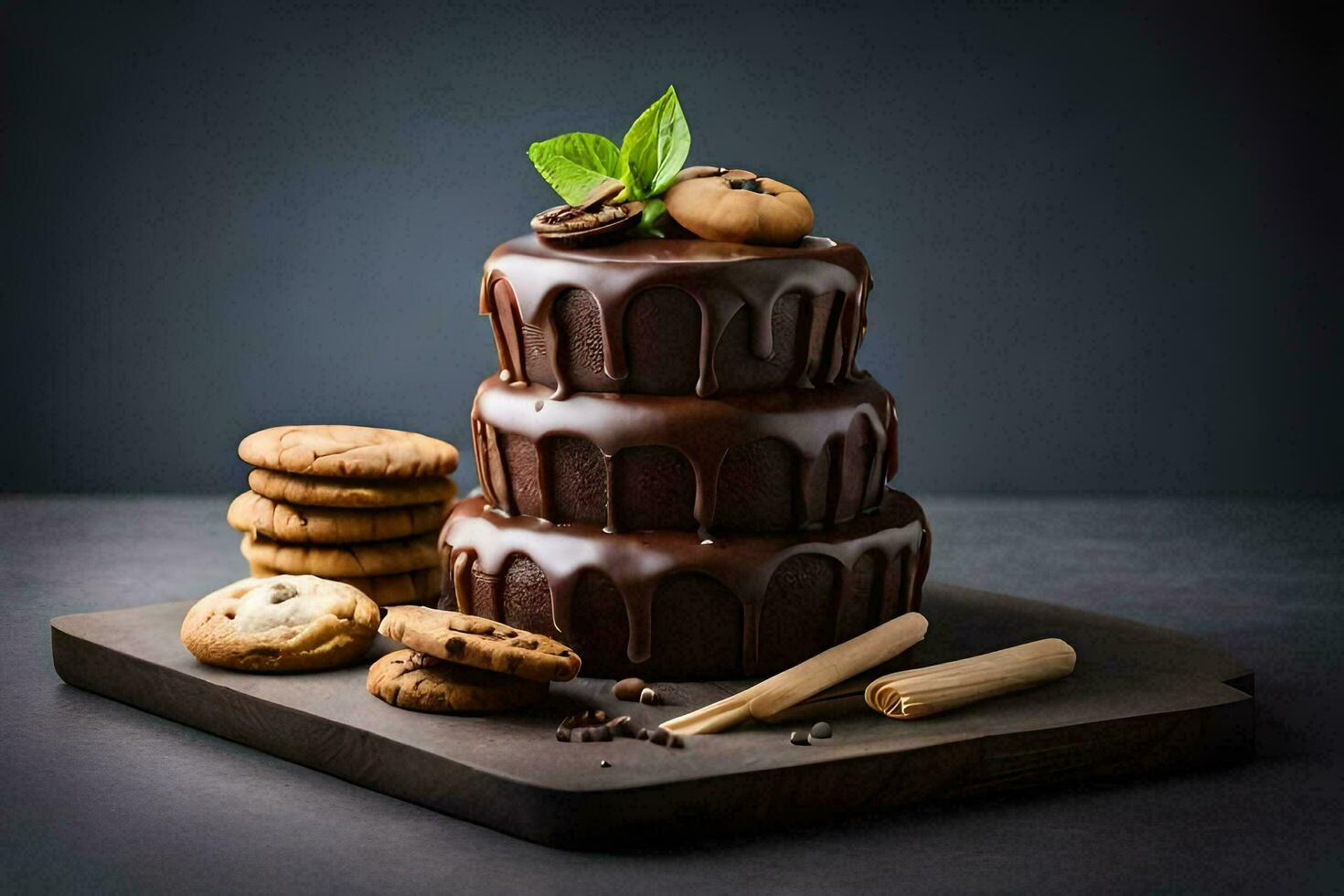 chocolate cake with cookies and mint leaves. AI-Generated photo