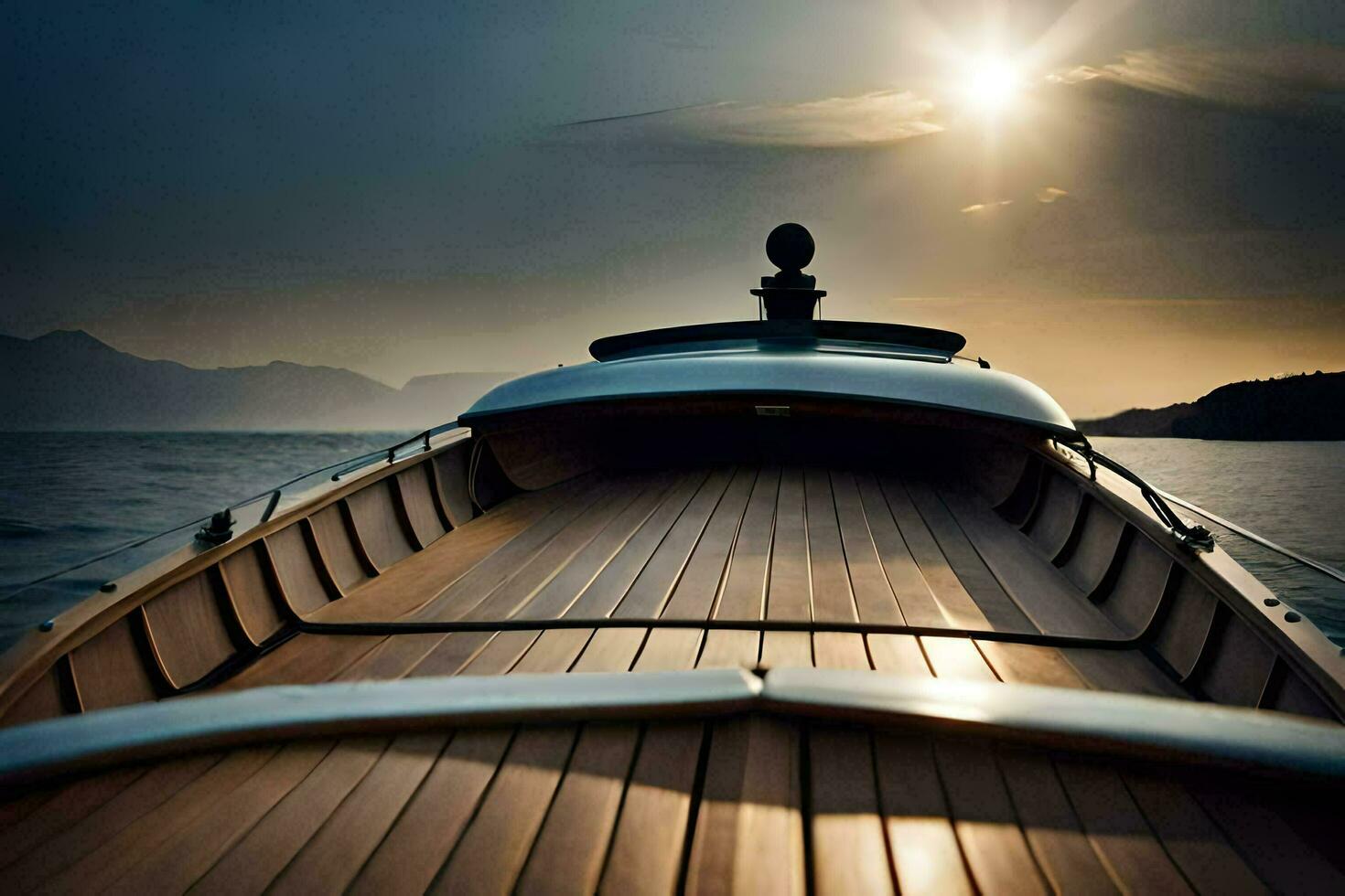 a boat with a sun shining on it. AI-Generated photo