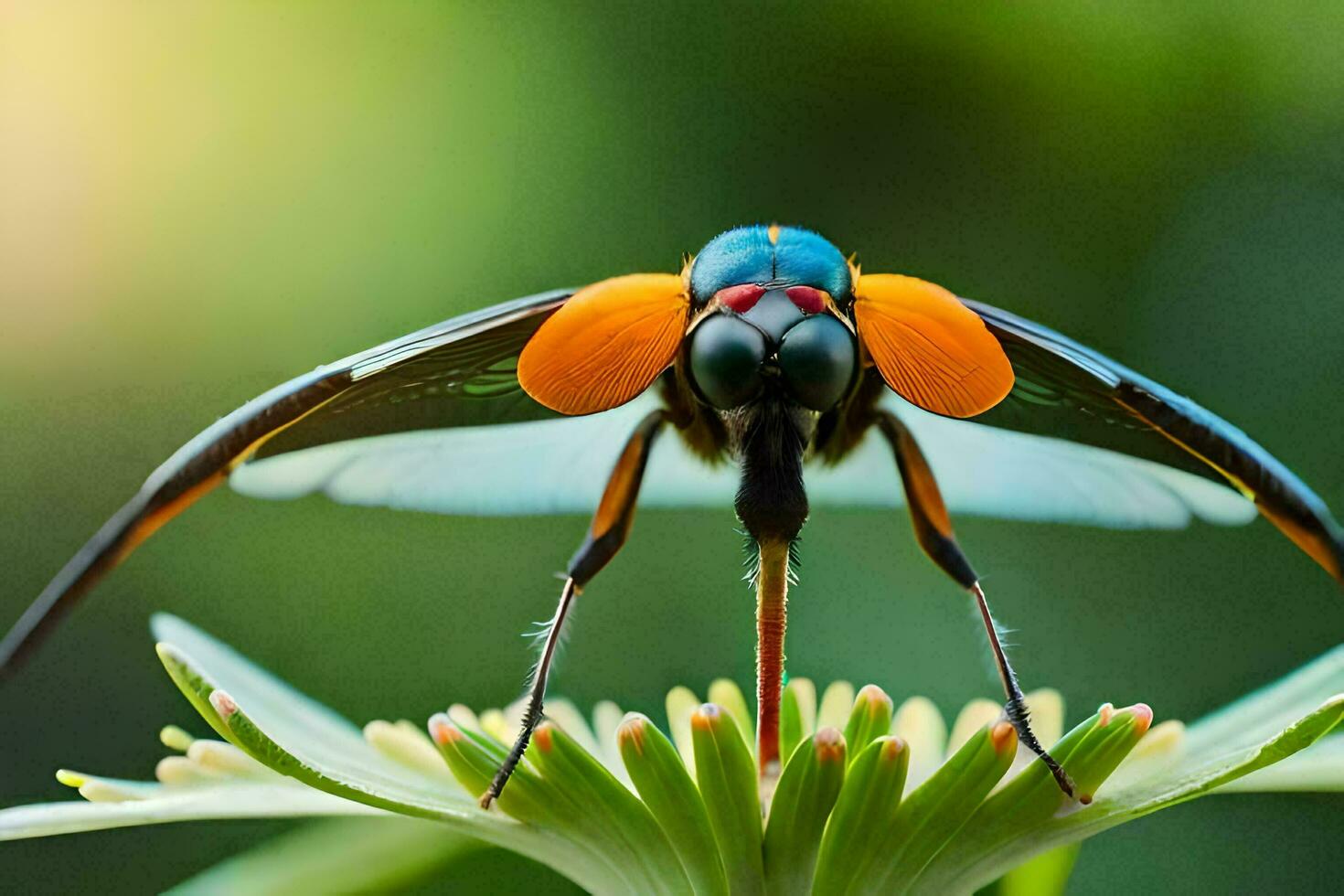 a close up of a colorful insect on a flower. AI-Generated photo