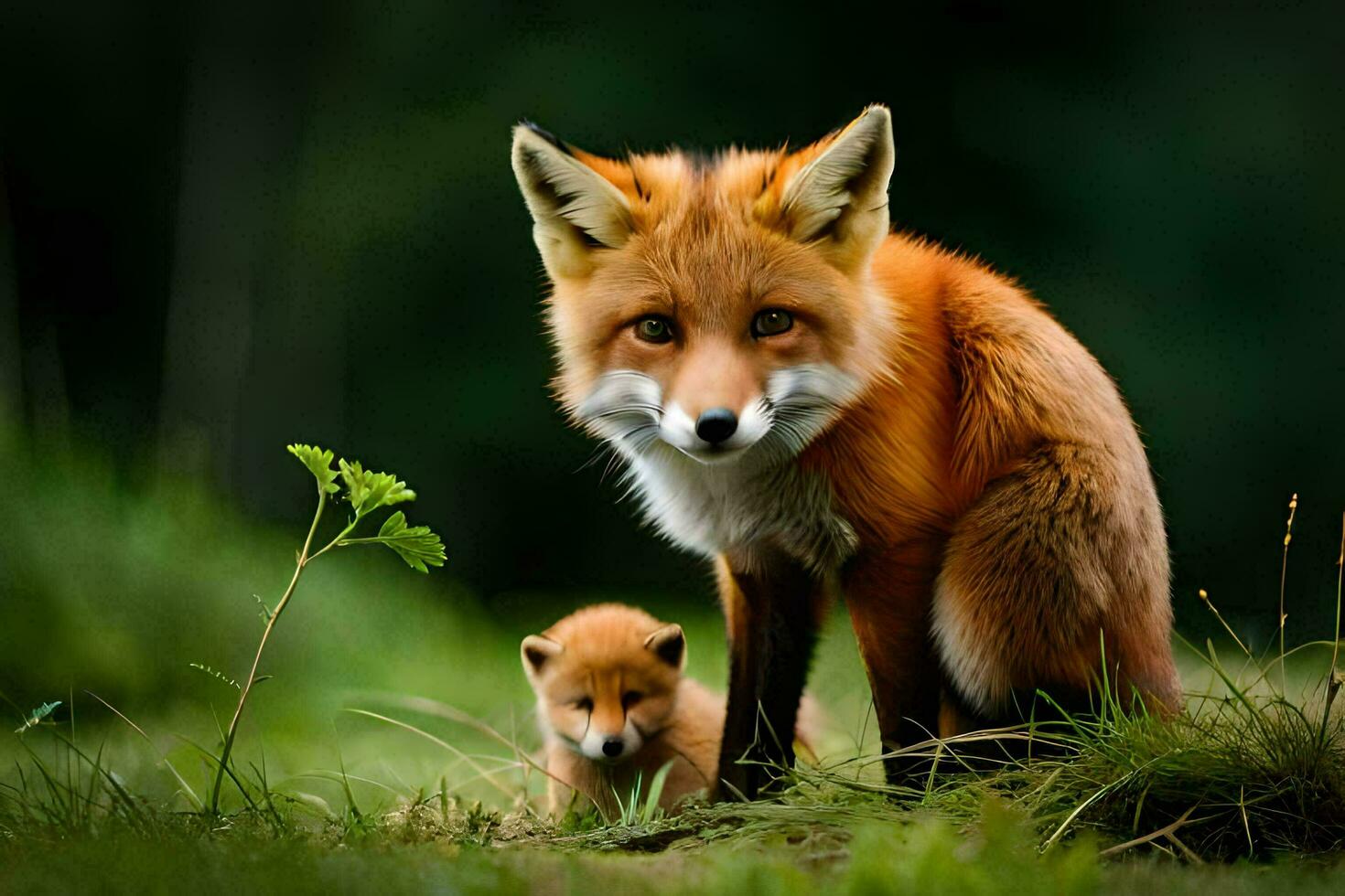 a mother fox and her cub in the grass. AI-Generated photo