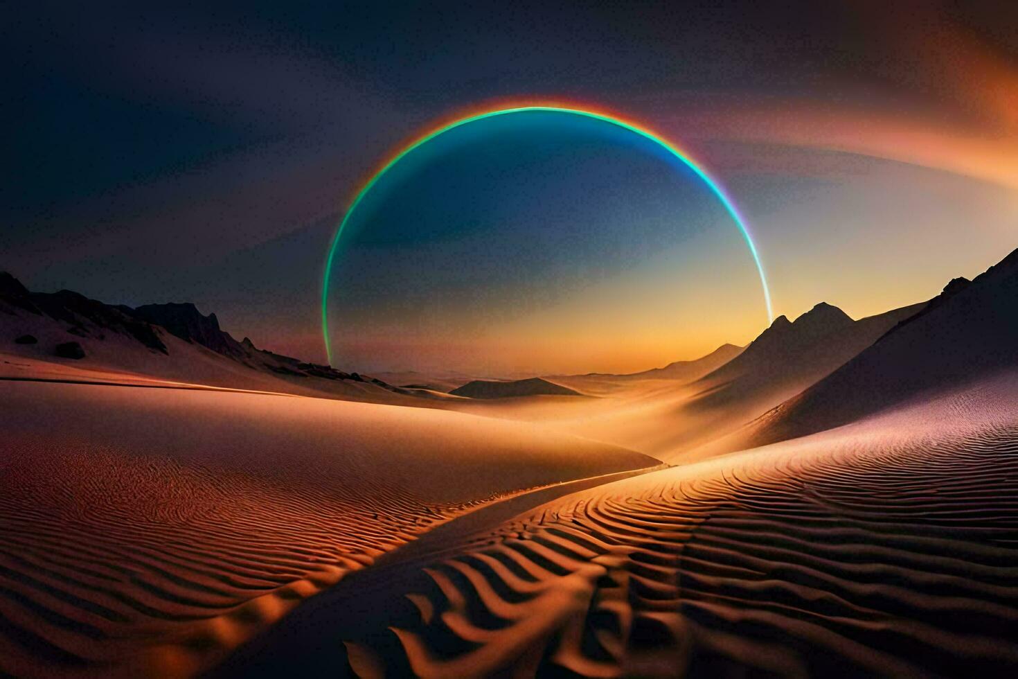 a rainbow is seen in the desert at sunset. AI-Generated photo