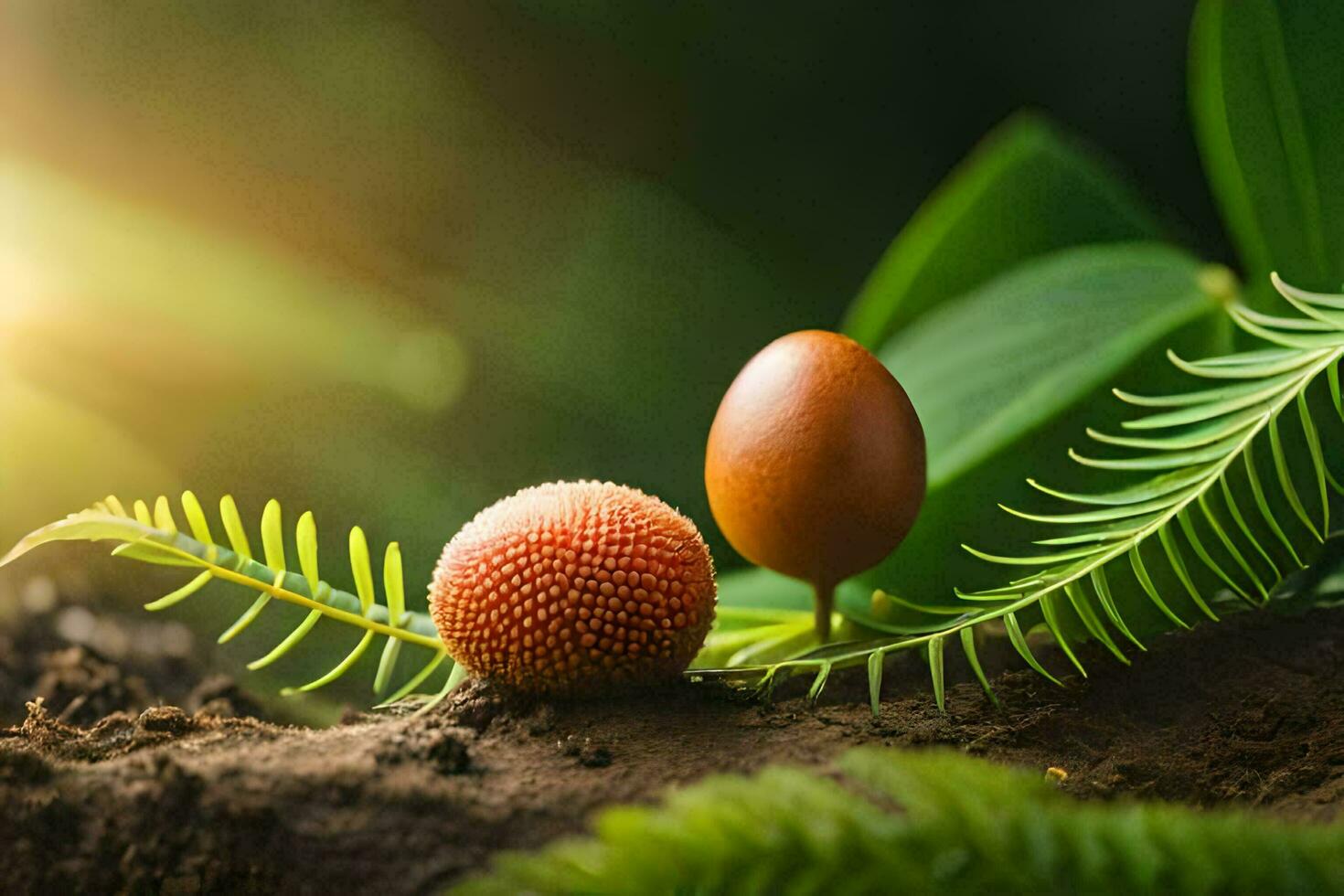 two fruits on a tree branch with green leaves. AI-Generated photo