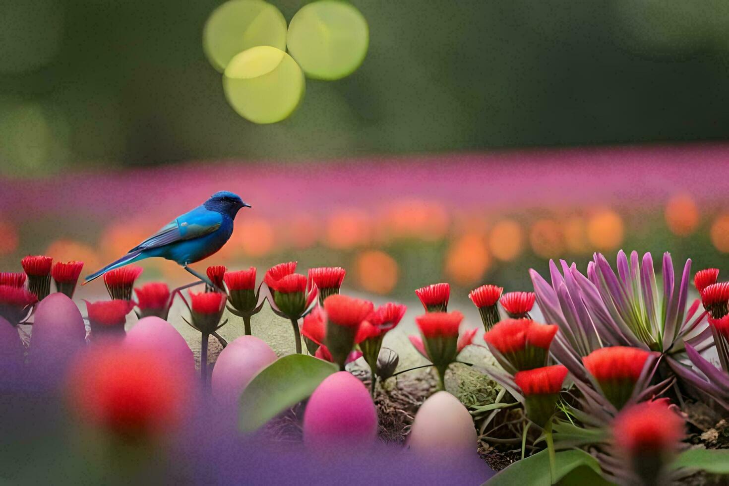 un azul pájaro es encaramado en parte superior de un campo de flores generado por ai foto