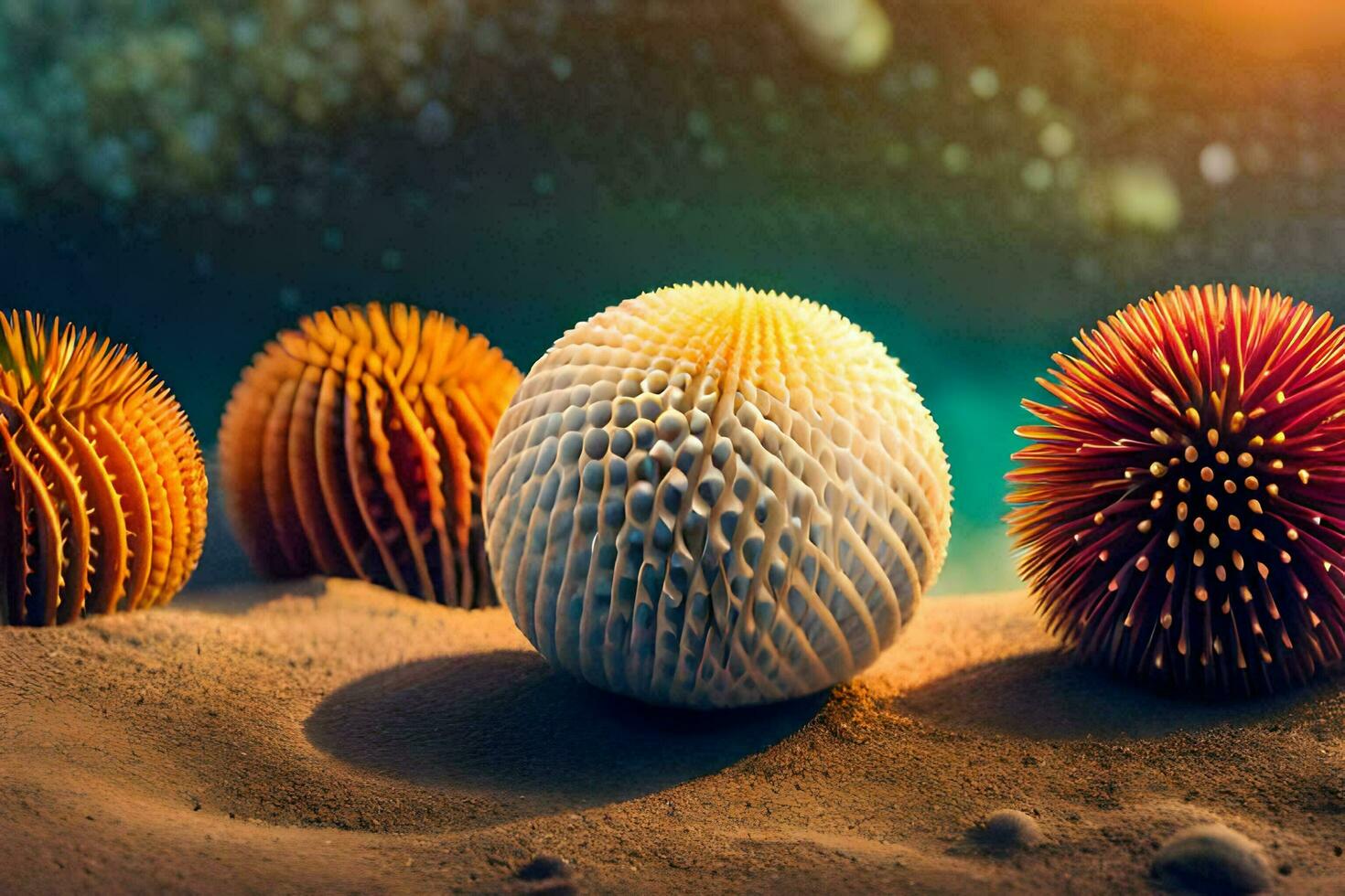 four balls of different colors on a sandy surface. AI-Generated photo