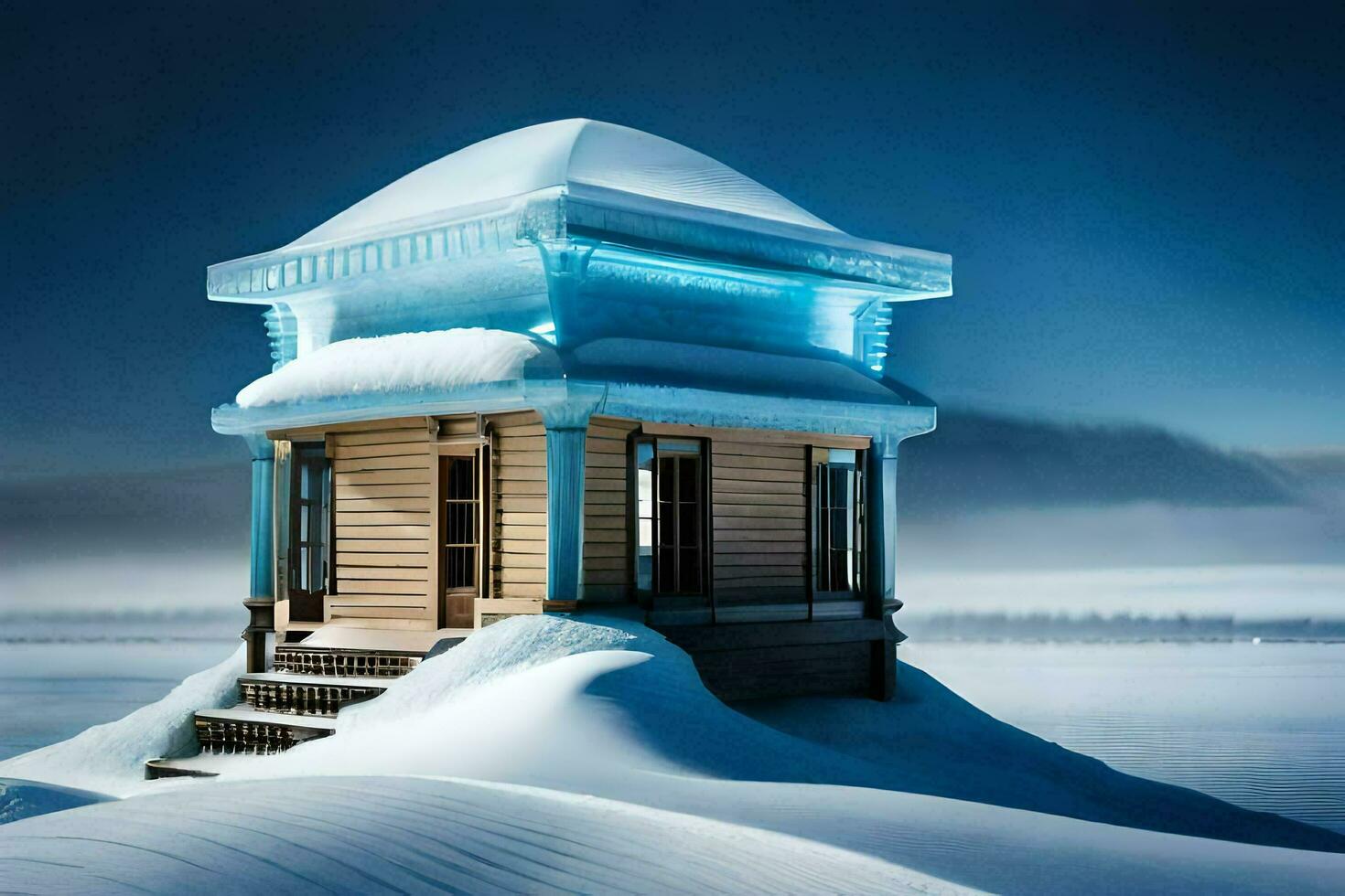 a small building sits on top of a snowy hill. AI-Generated photo