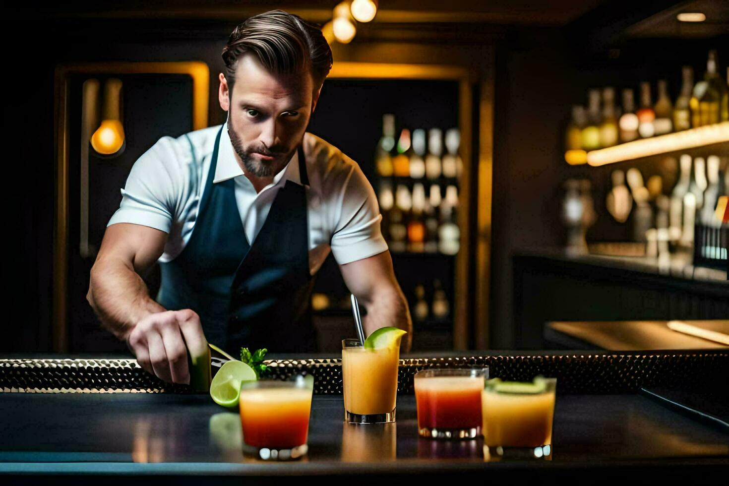 a bartender preparing cocktails at a bar. AI-Generated photo