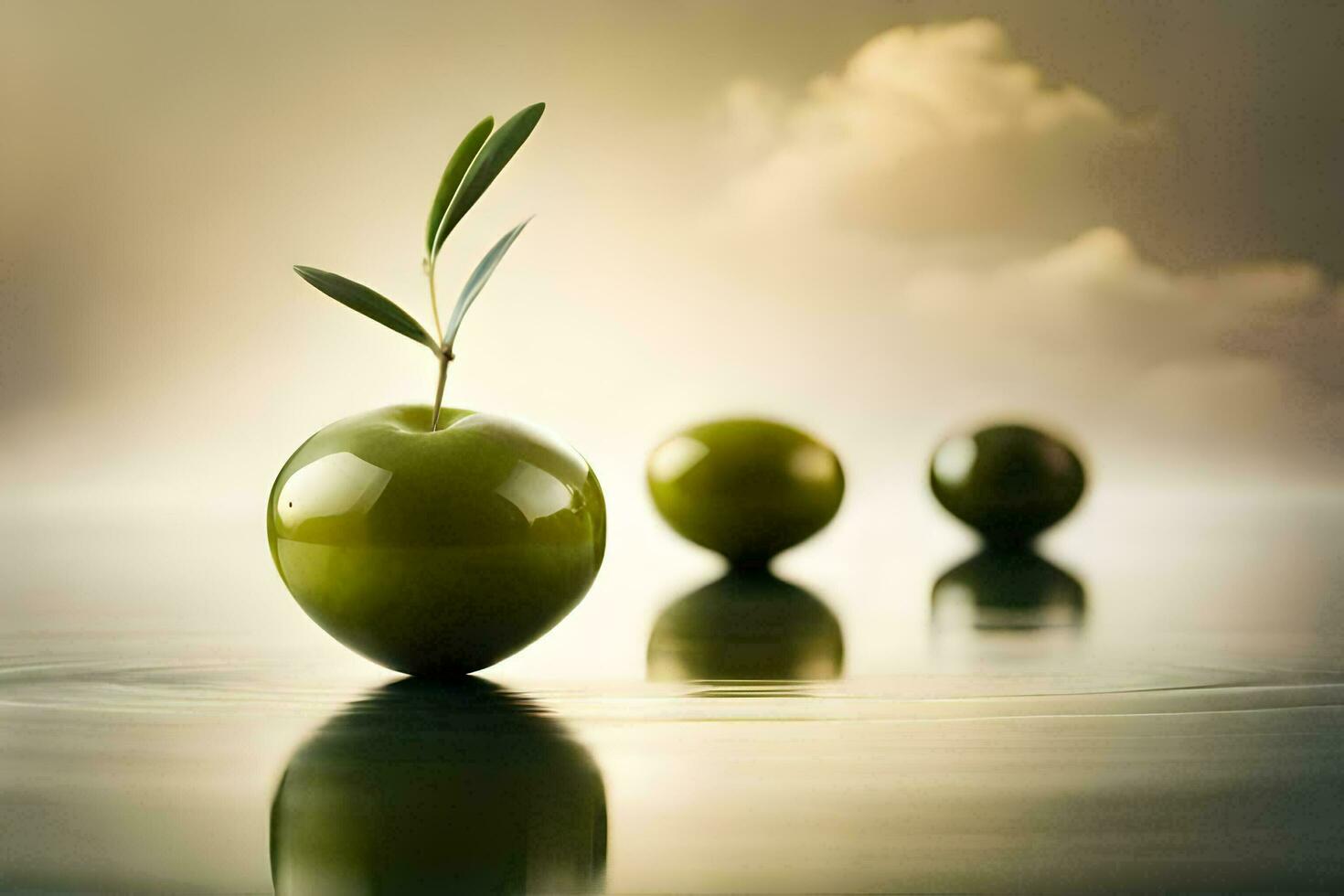 three green apples on top of water with a tree growing out of one. AI-Generated photo