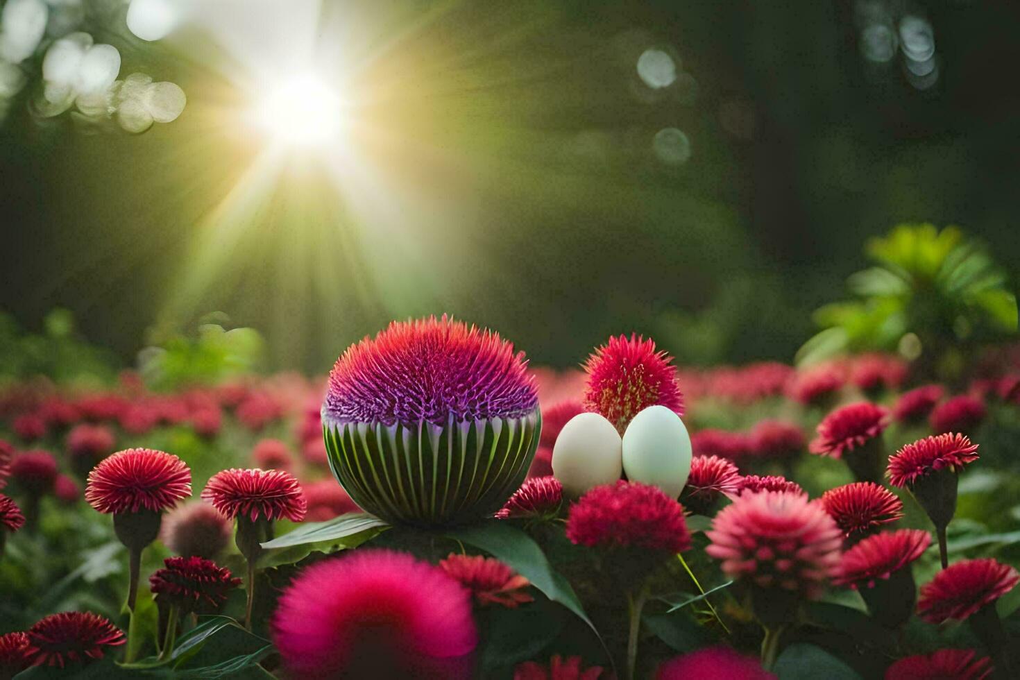 a flower field with pink flowers and sun shining. AI-Generated photo