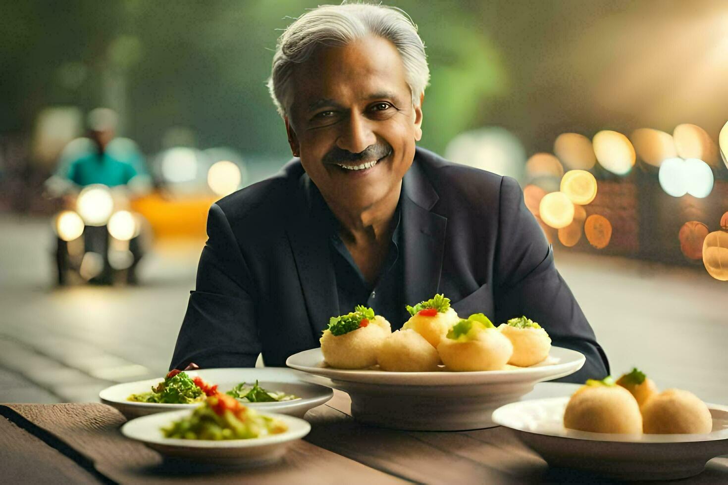 un hombre sentado a un mesa con comida en él. generado por ai foto