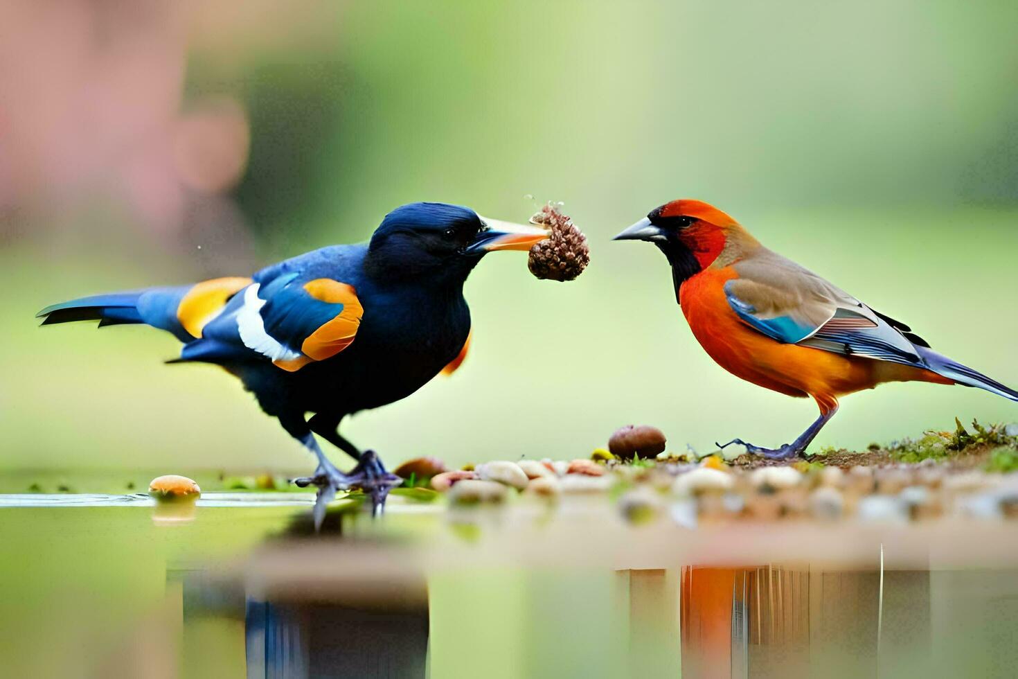 two colorful birds standing next to each other. AI-Generated photo