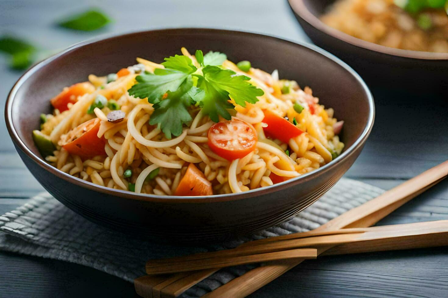 chinese noodles in a bowl with chopsticks on a dark wooden table. AI-Generated photo