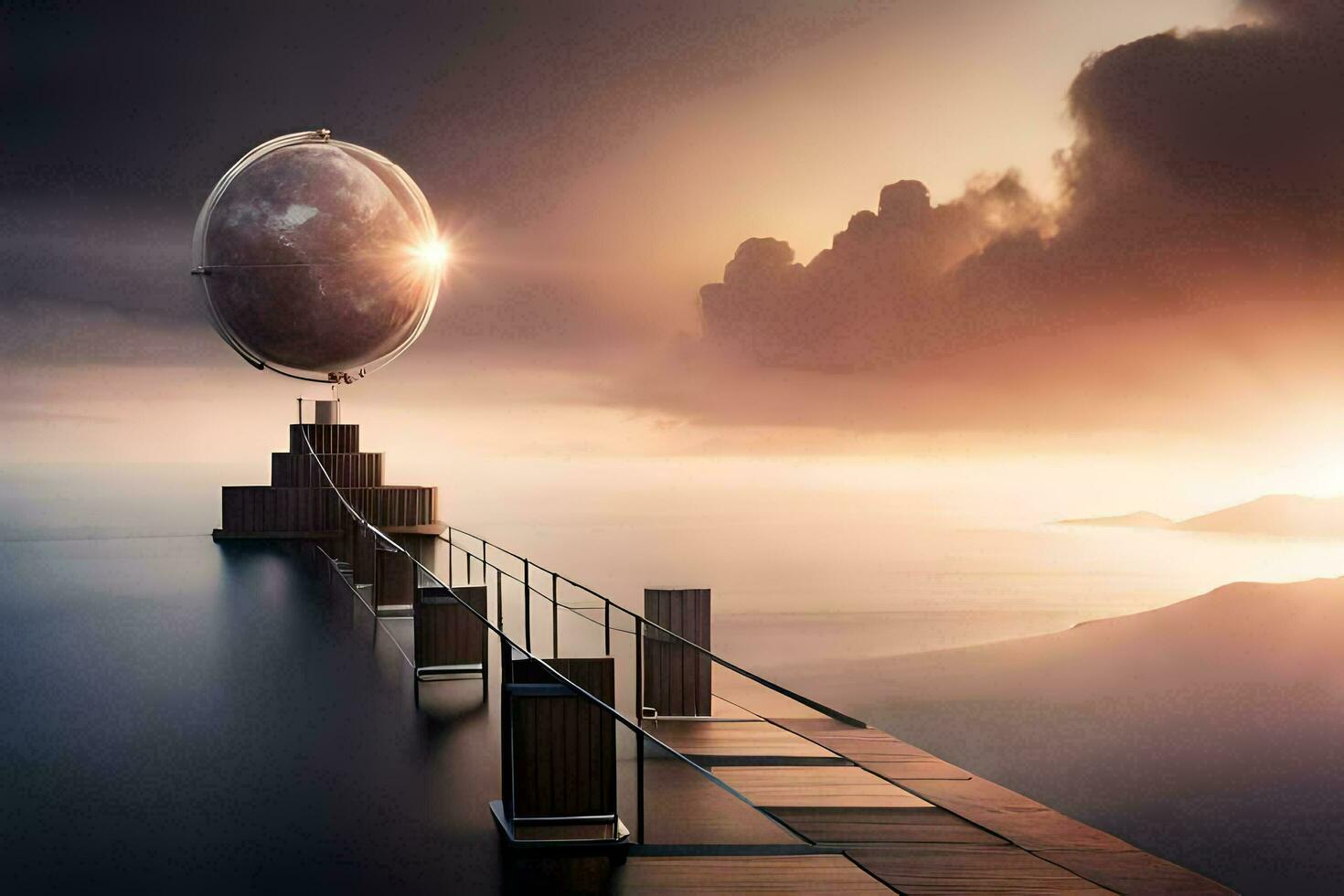 a man stands on a bridge with a globe in the sky. AI-Generated photo