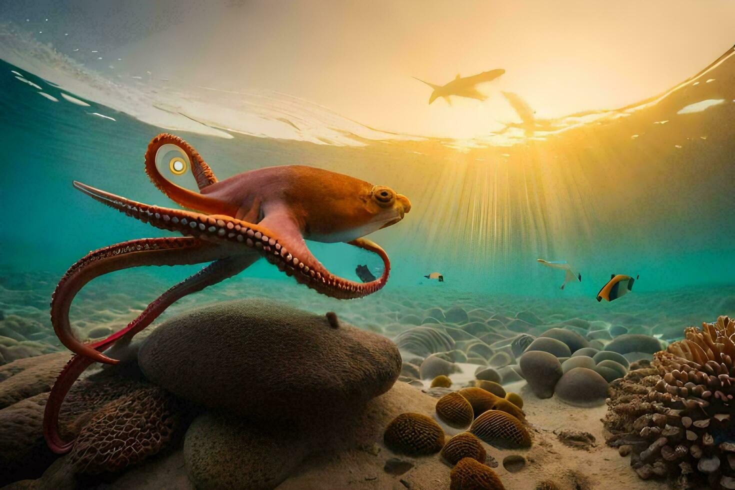 un pulpo nada en el Oceano con un Dom brillante. generado por ai foto