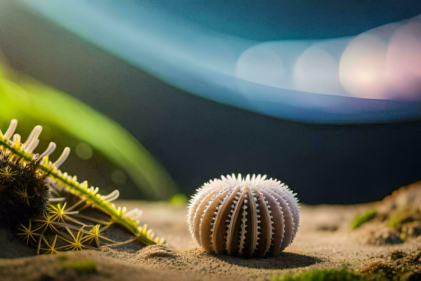 a sea urchin on the beach with a plant in the background. AI-Generated photo