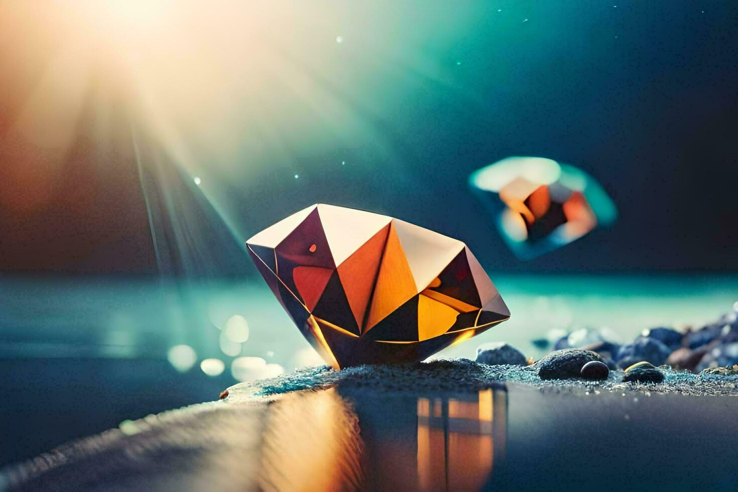 a diamond is sitting on the ground with a sun shining in the background. AI-Generated photo