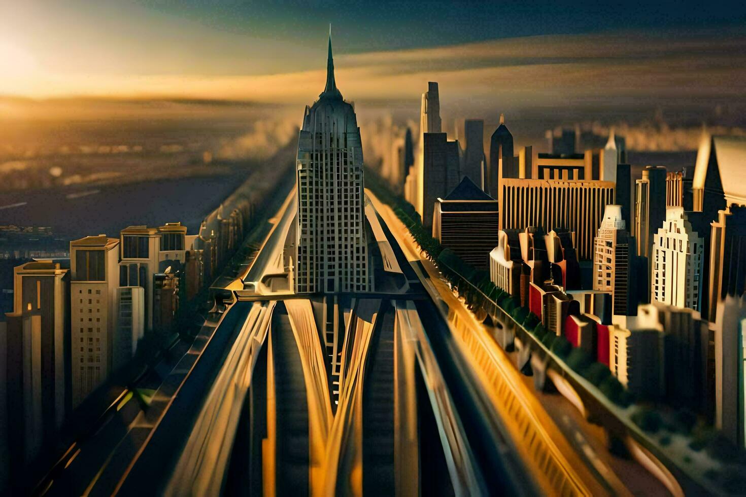 a city with a train going through it. AI-Generated photo